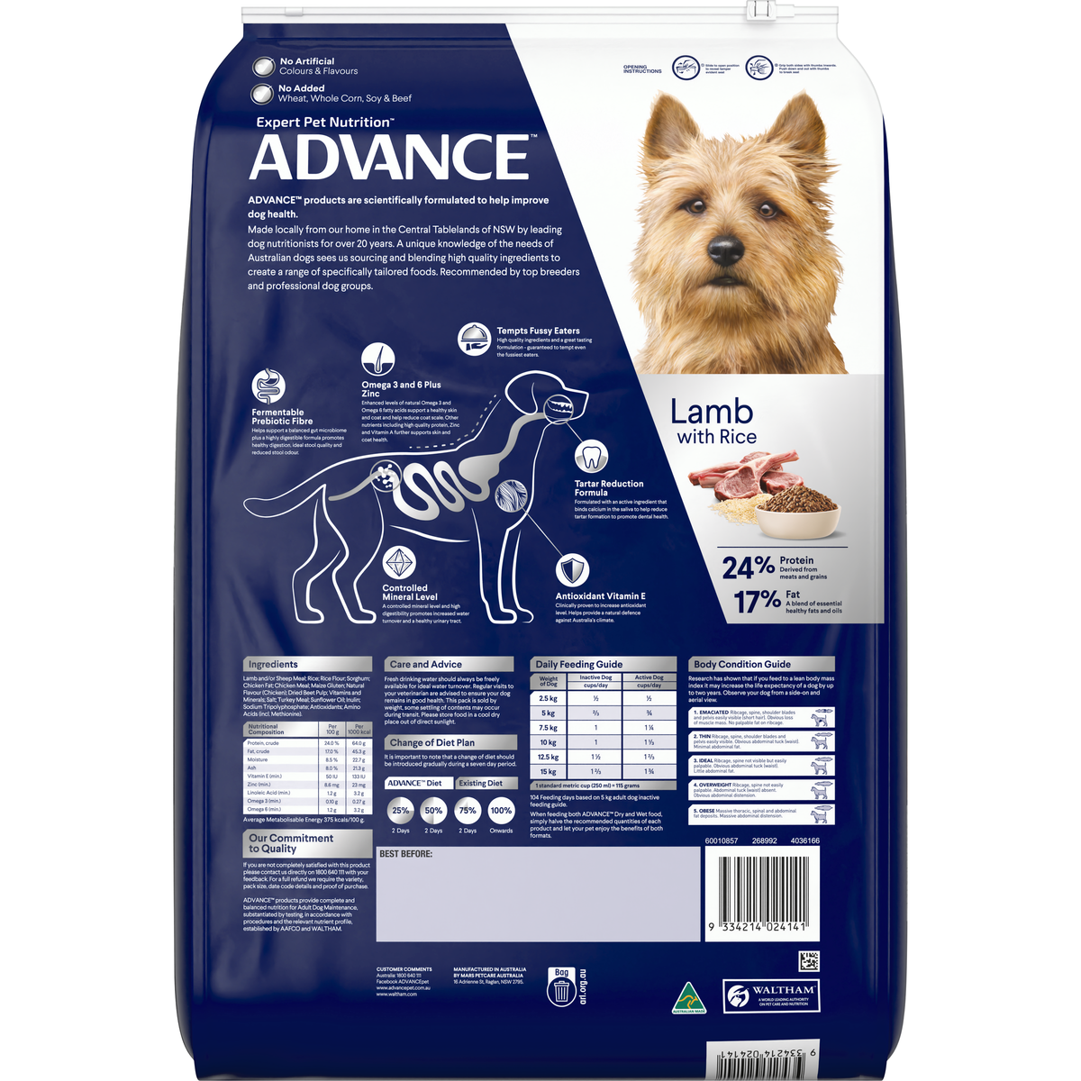 Back of the ADVANCE Adult Small Breed Lamb with Rice dry dog food bag