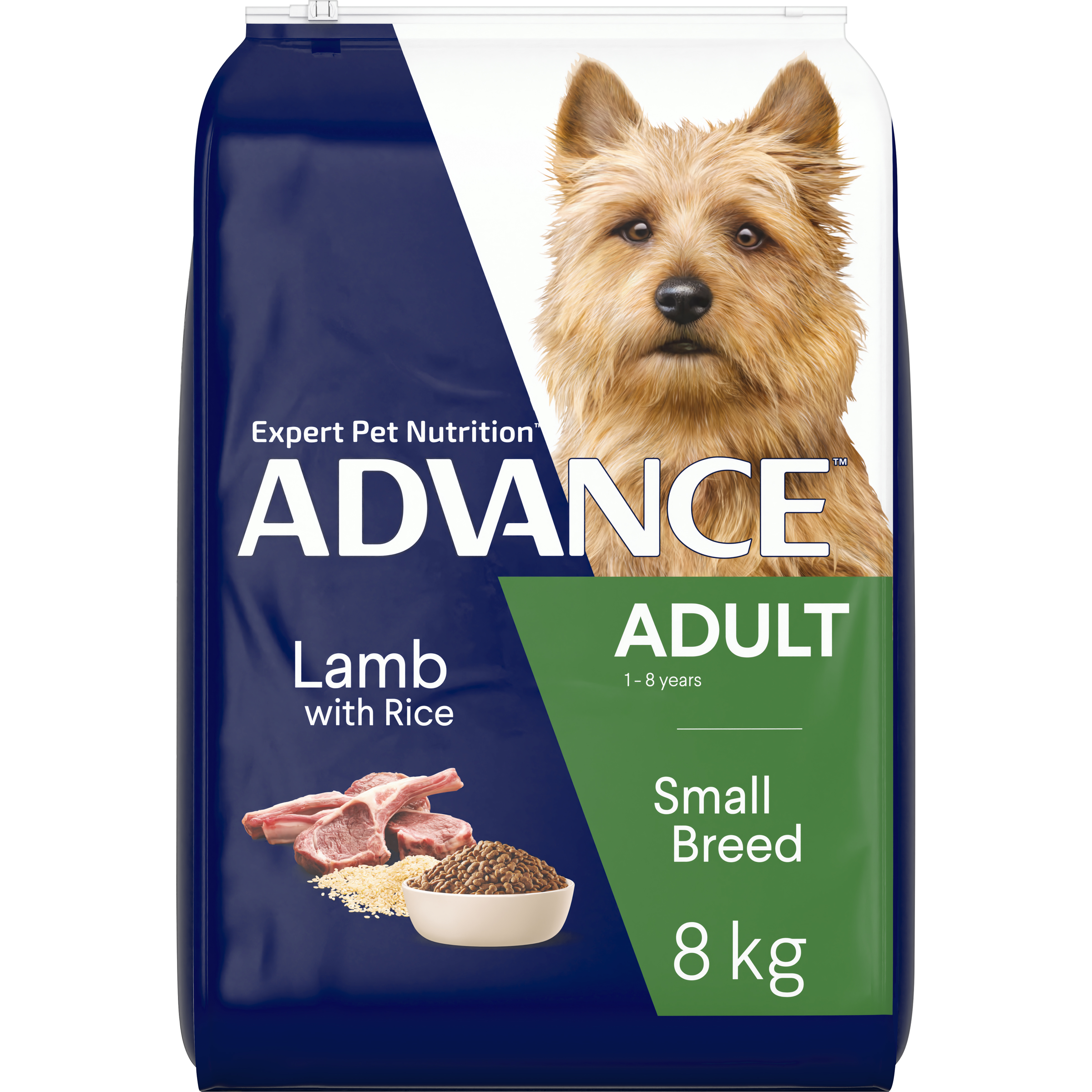 ADVANCE Adult Small Breed Lamb with Rice 8kg bag, angled front view