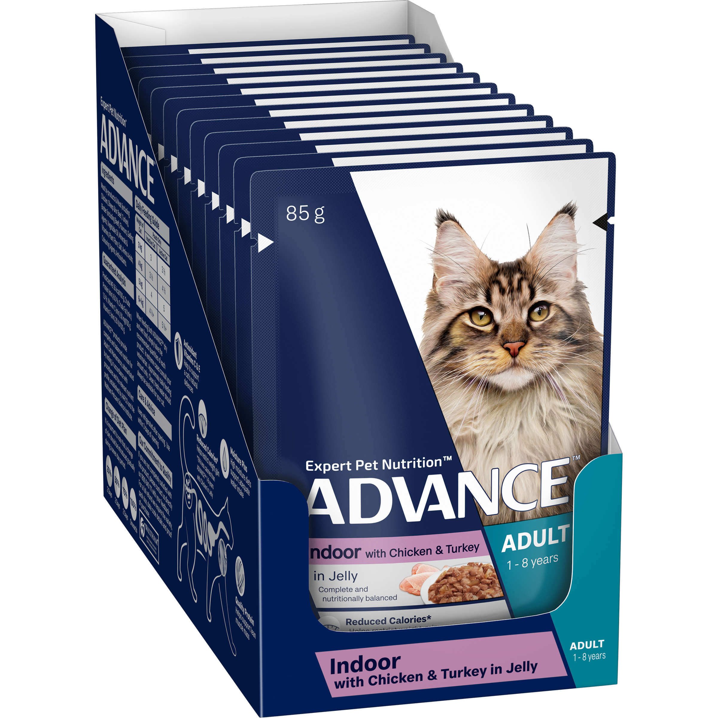 ADVANCE Indoor Adult Wet Cat Food Chicken & Turkey In Jelly 12x85g Pouches pack