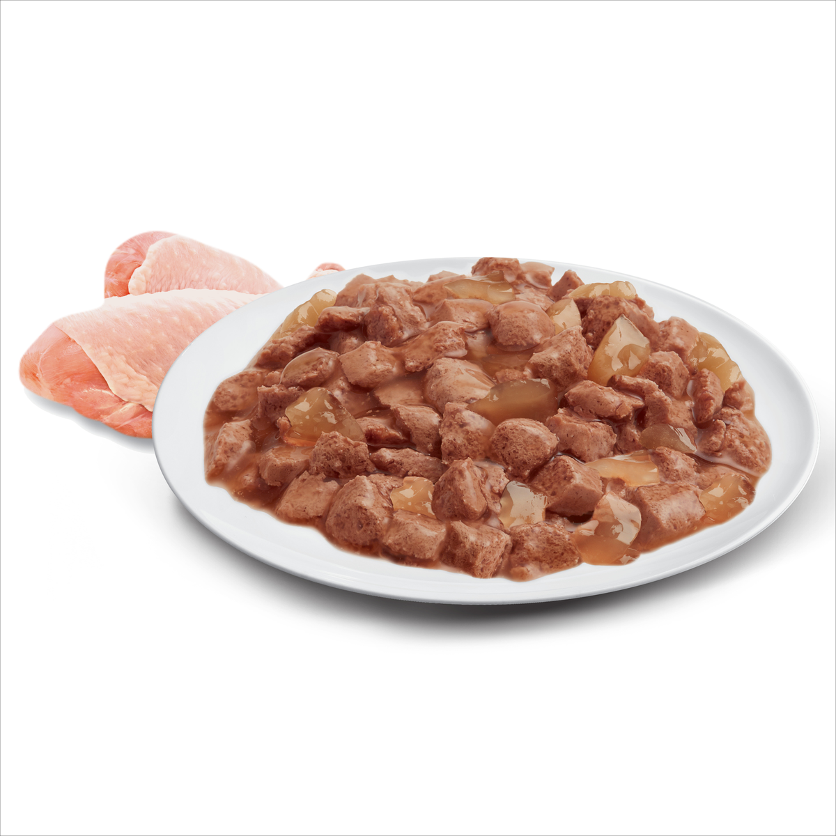 Raw chicken and ADVANCE chunks in jelly on a plate
