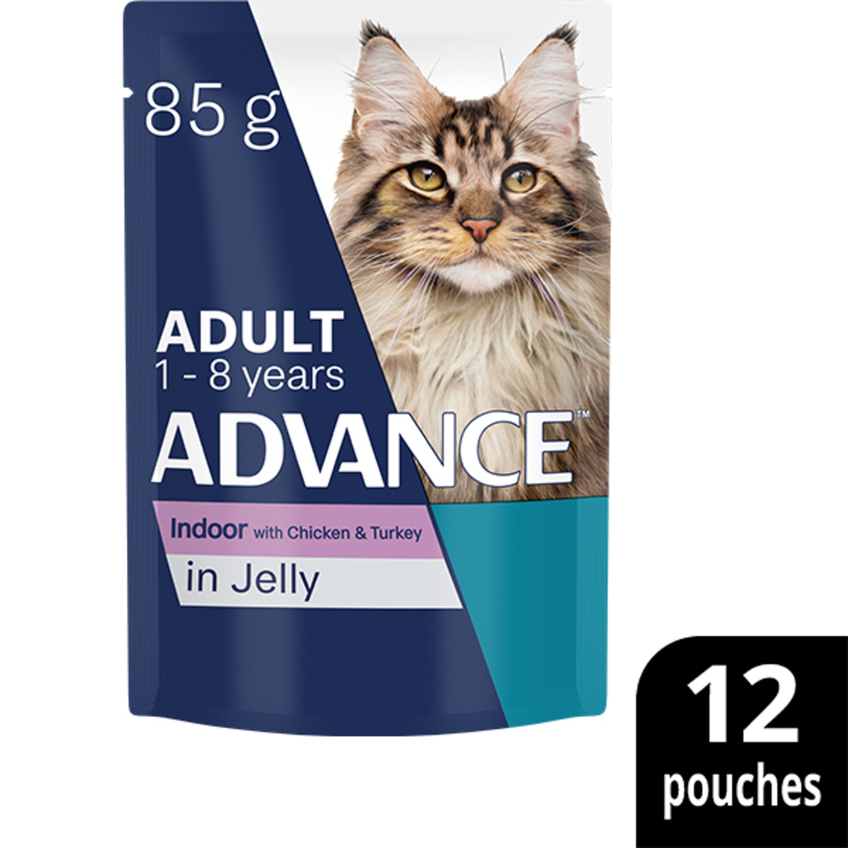 Single ADVANCE Indoor Adult with Chicken and Turkey in Jelly 85g pouch, sold as 12 pouches