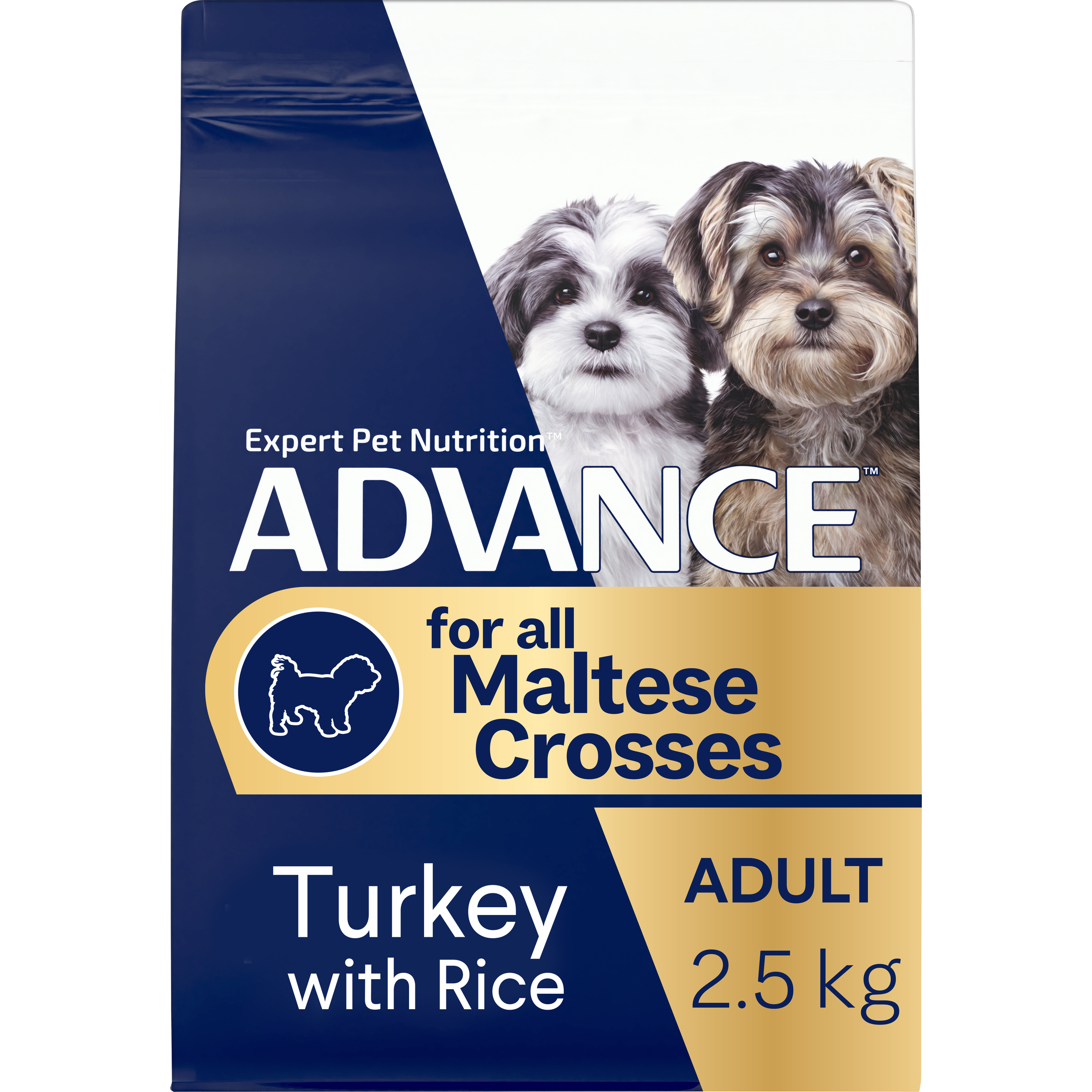 ADVANCE for all Maltese Crosses Adult Turkey with Rice 2.5kg bag, angled front view