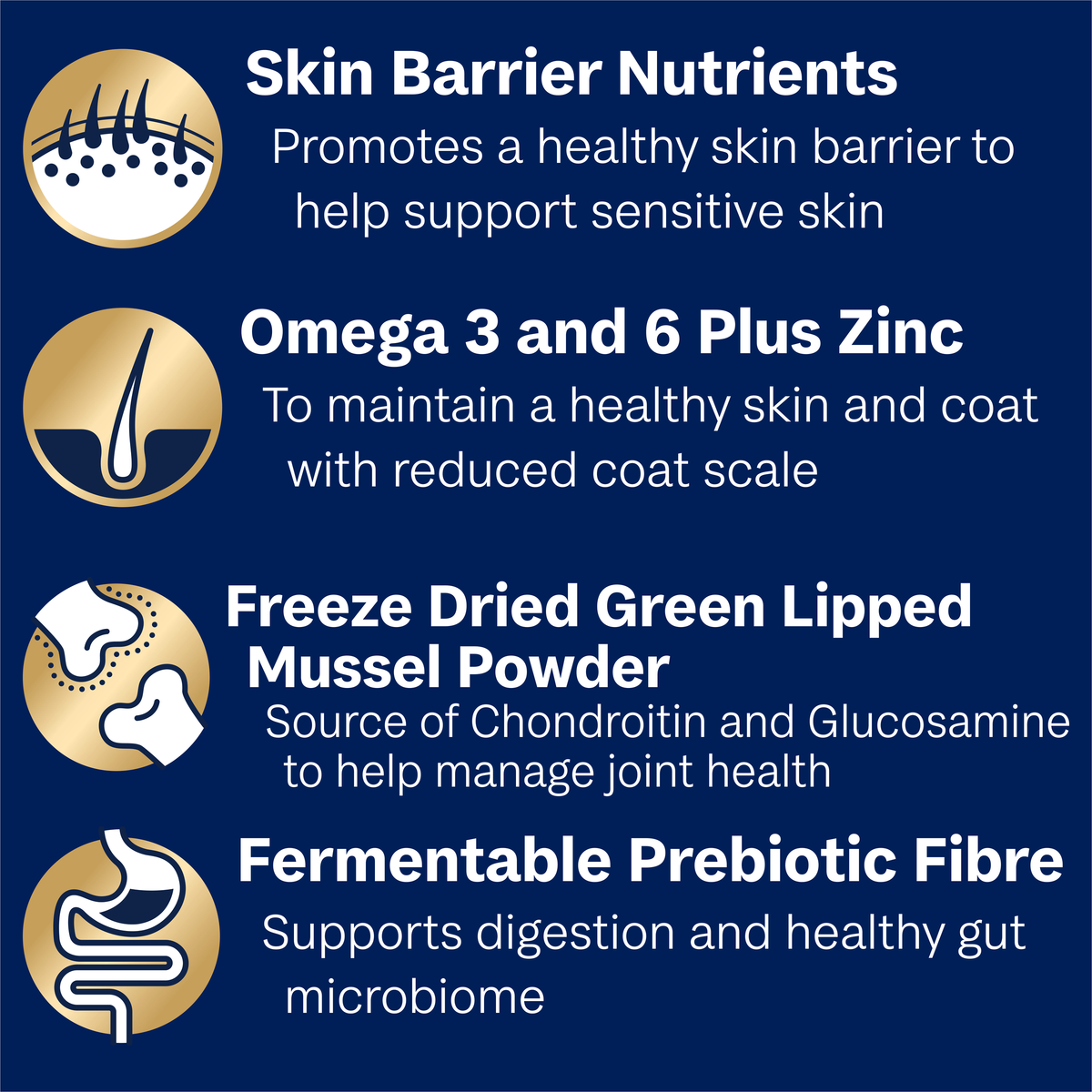 ADVANCE Medium Terriers benefits: skin barrier nutrients, omega 3 and 6 plus zinc, green lipped mussel, prebiotic fibre