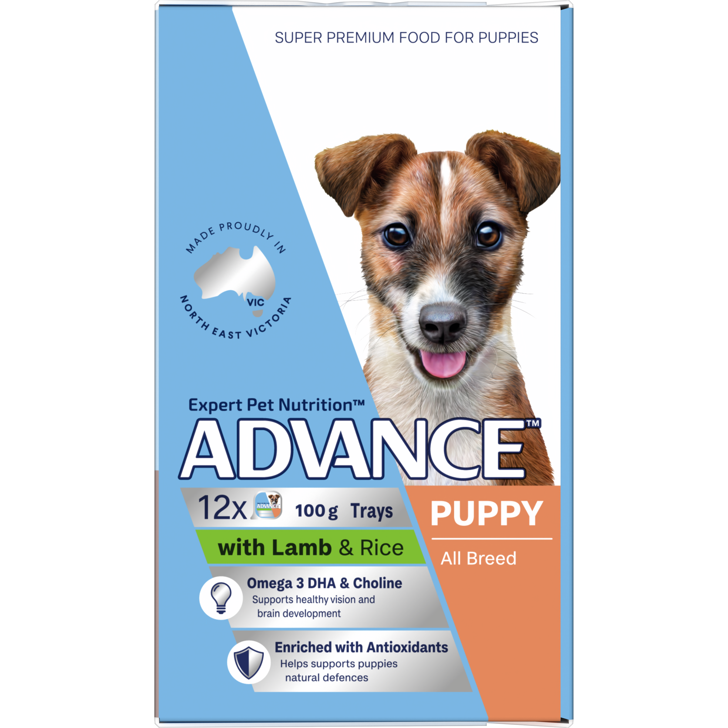 ADVANCE Puppy with Lamb and Rice tray carton, alternate side view