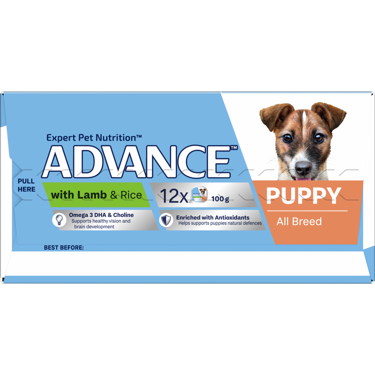 Top of the ADVANCE Puppy with Lamb and Rice 12 x 100g tray carton