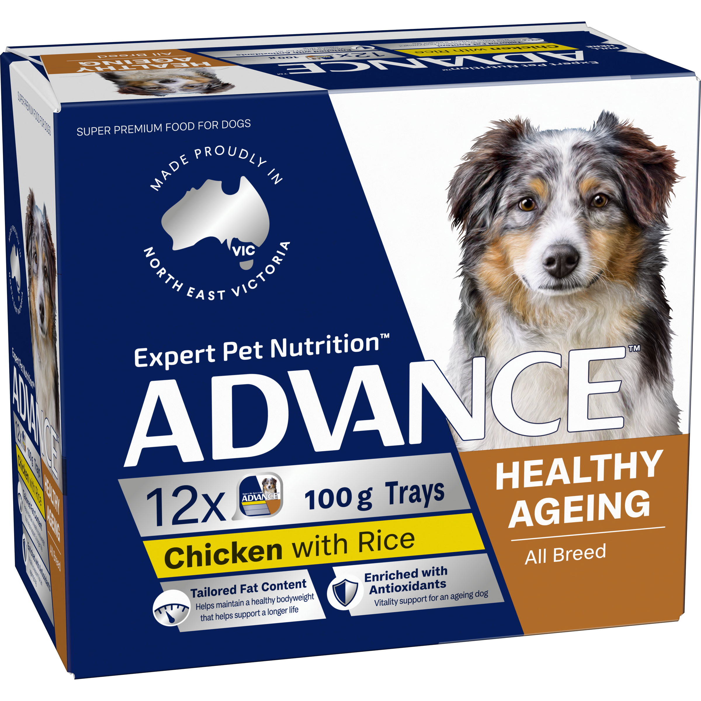 ADVANCE Healthy Ageing Wet Dog Food Chicken with Rice 12 x 100g trays pack front