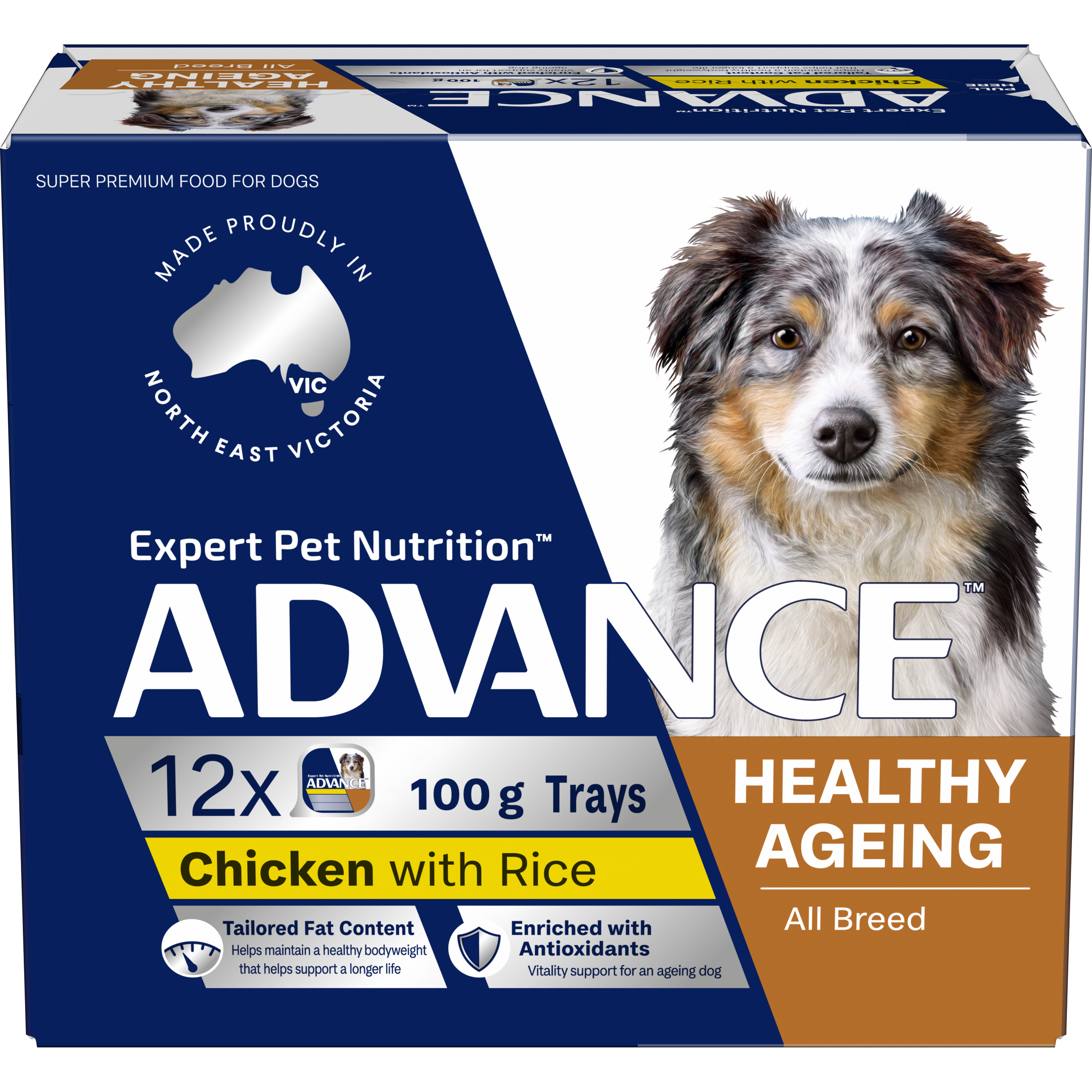 ADVANCE Healthy Ageing wet dog food 12 x 100g tray pack front label