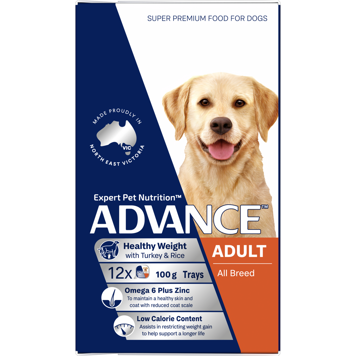 Side view of the ADVANCE Healthy Weight with Turkey and Rice 12 x 100g tray carton