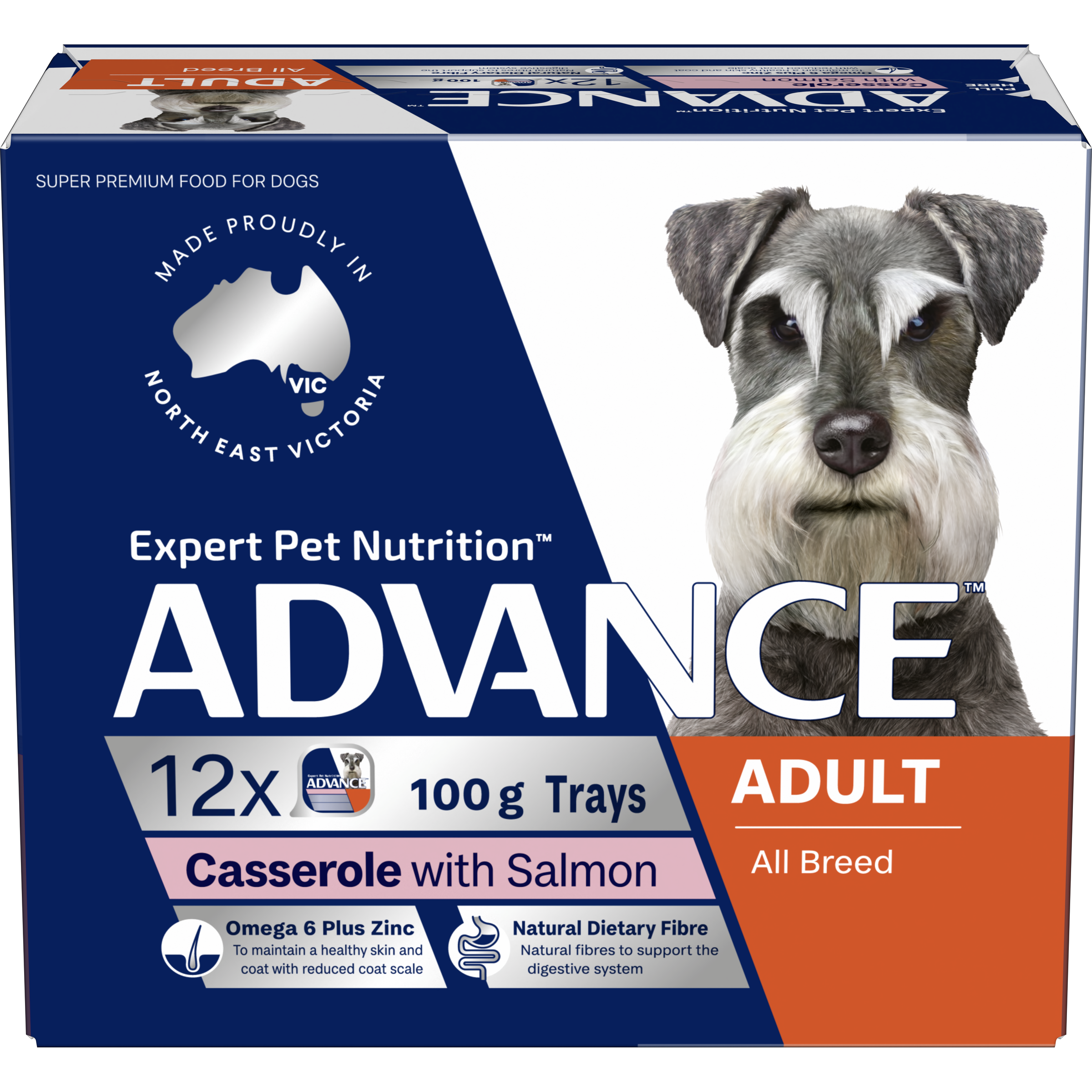 ADVANCE Adult Single Serve Wet Dog Food Trays Casserole with Salmon front of pack
