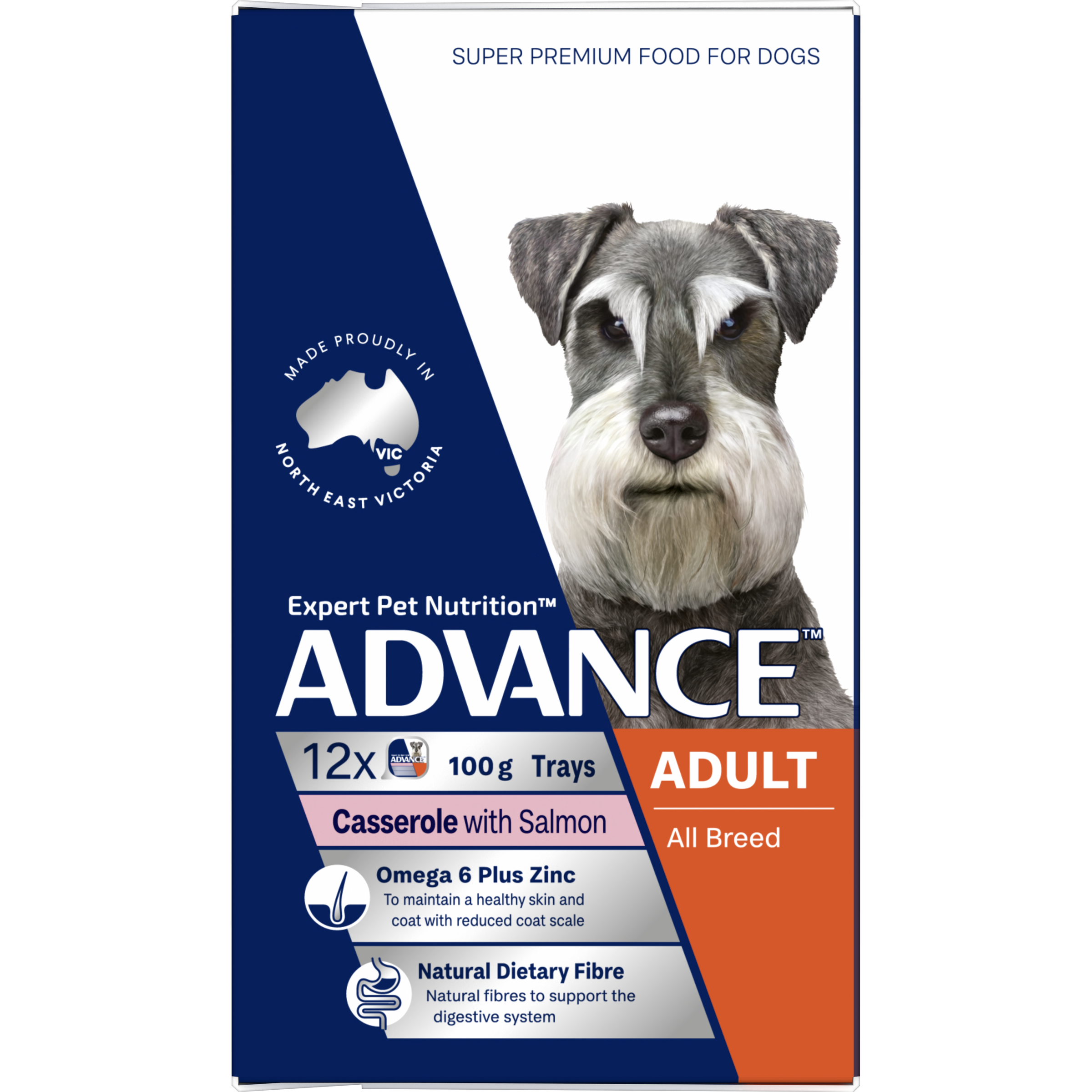 ADVANCE Adult Single Serve Wet Dog Food Trays Casserole with Salmon left side of pack
