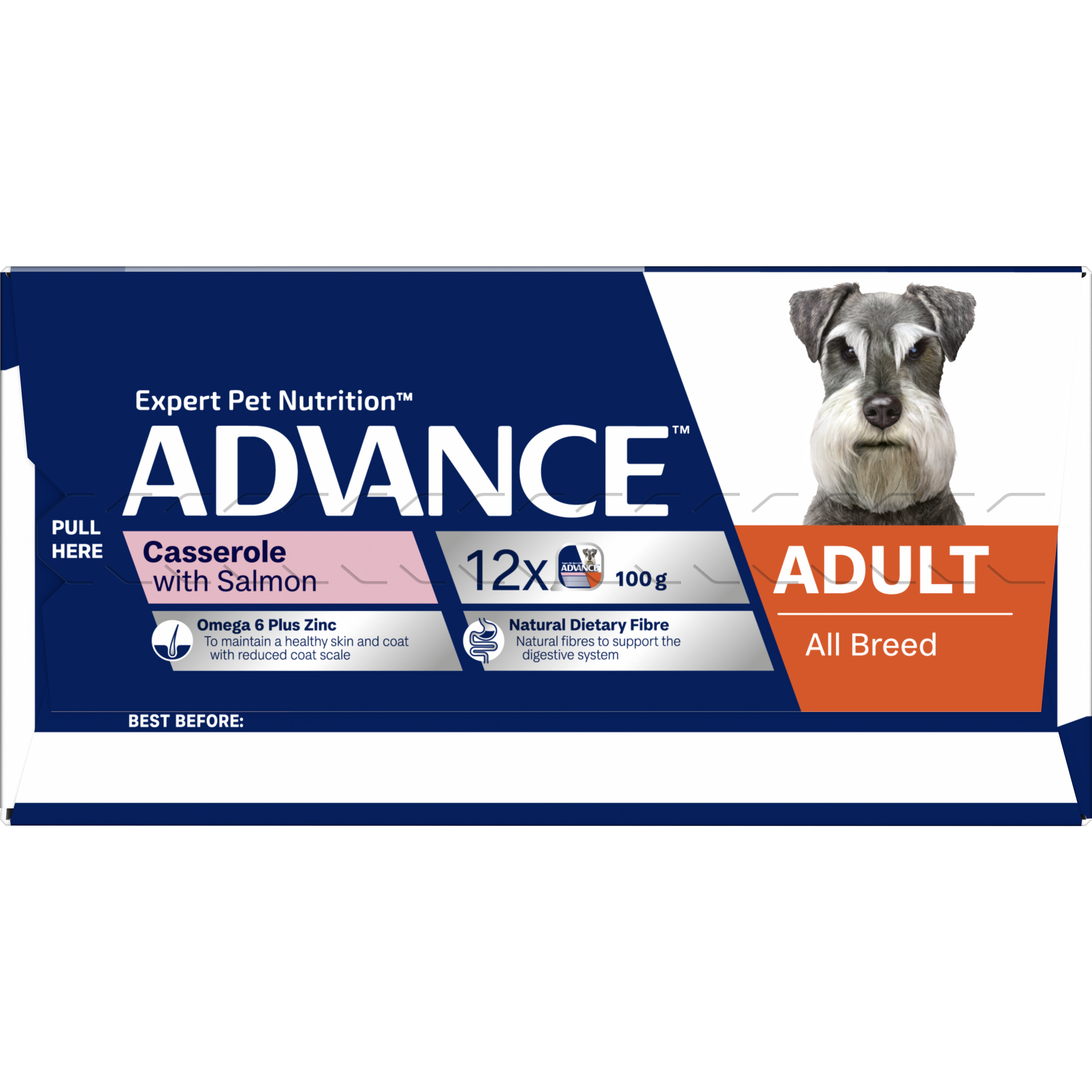 ADVANCE Adult Single Serve Wet Dog Food Trays Casserole with Salmon top of pack