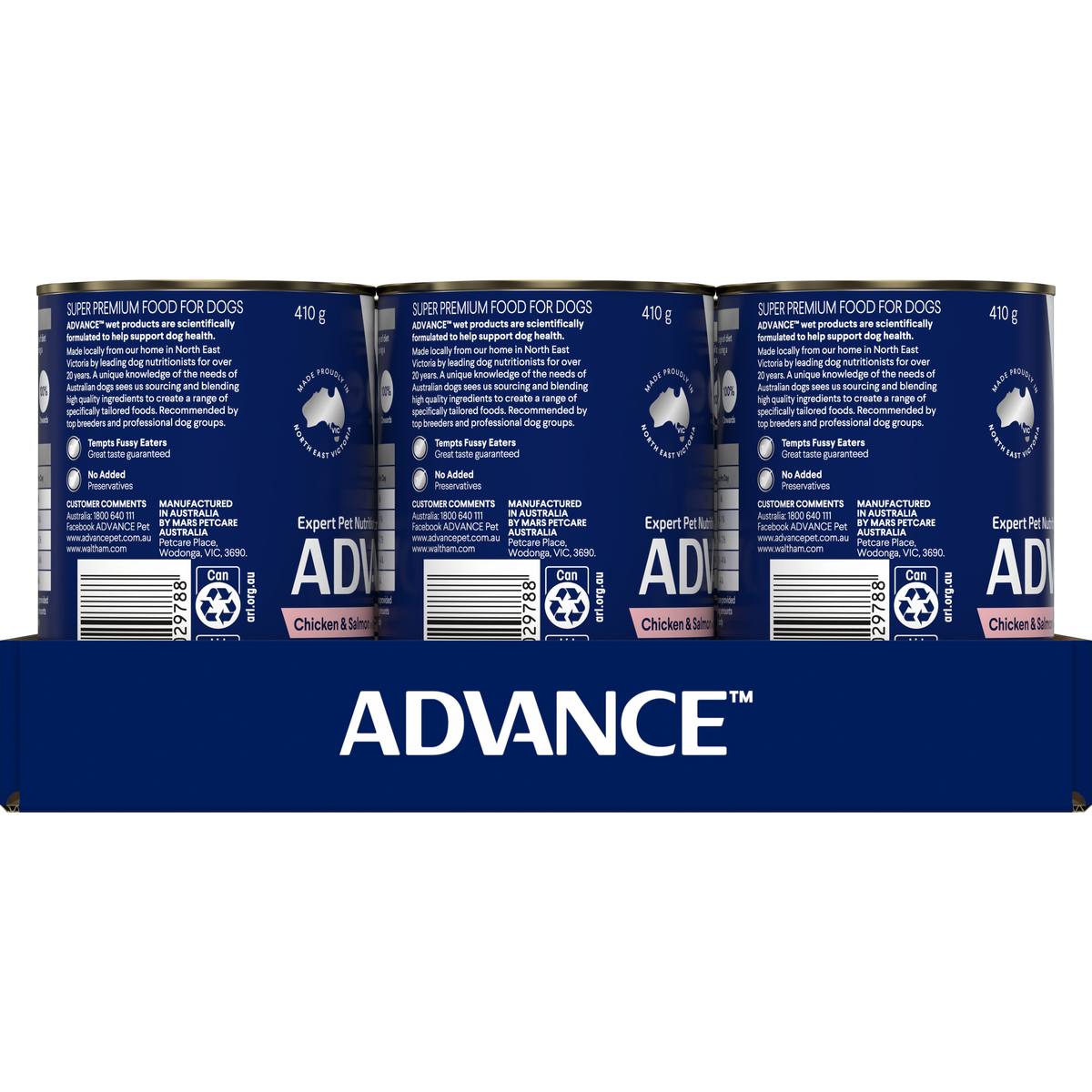 Side of the ADVANCE Adult Chicken and Salmon with Rice 12 can tray