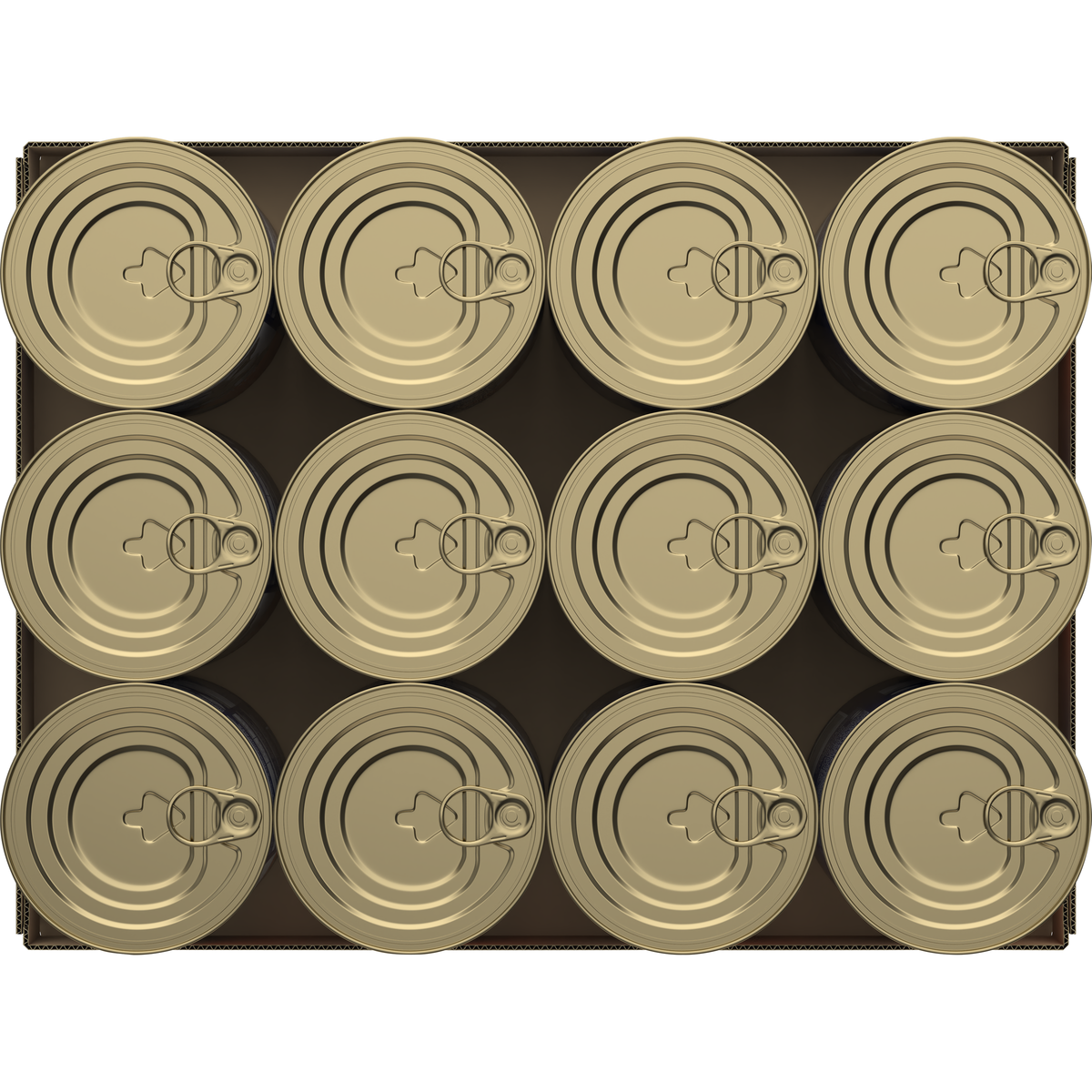 Top-down view of 12 ADVANCE Adult Chicken and Salmon with Rice can lids