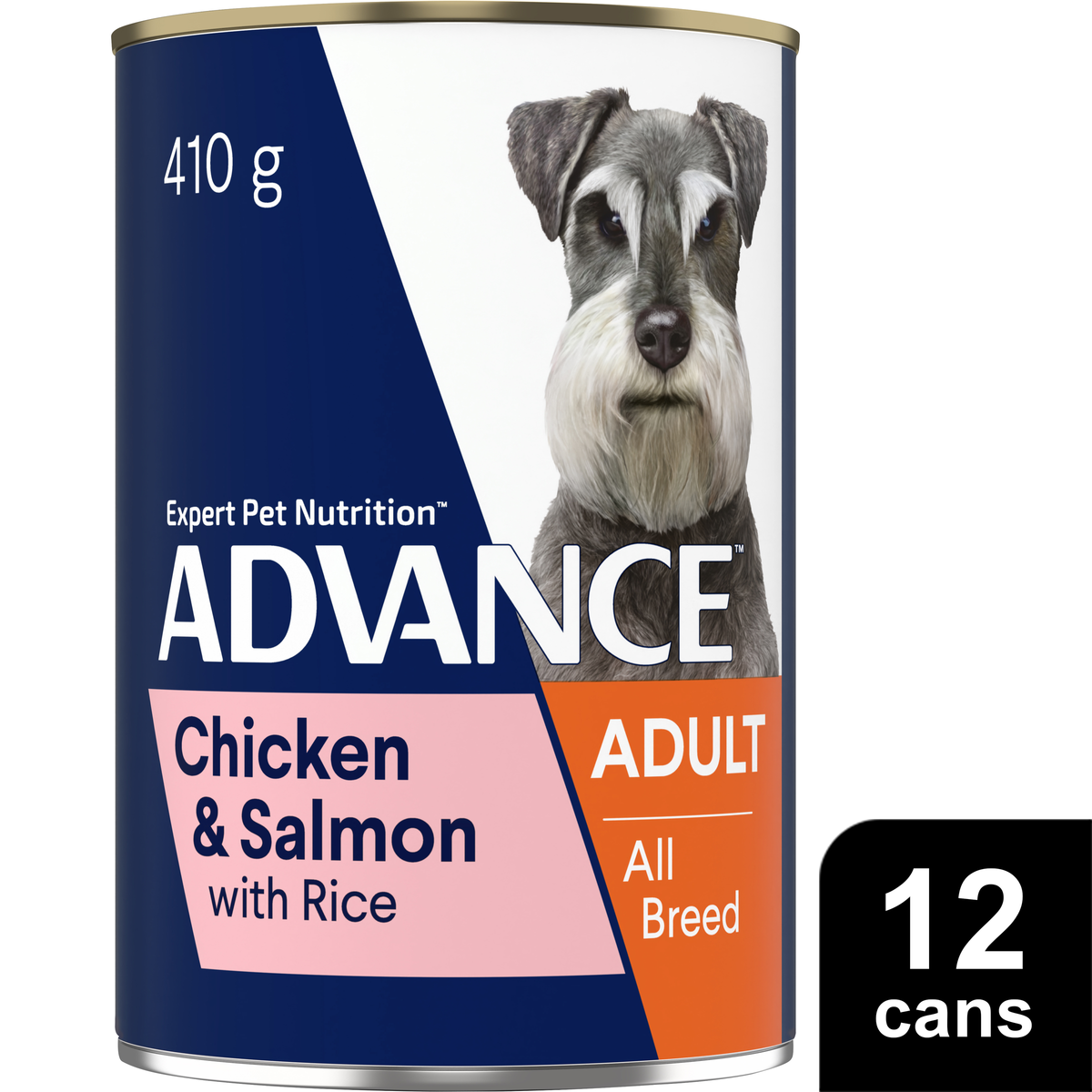 Single ADVANCE Adult Chicken and Salmon with Rice 410g can, sold as 12 cans