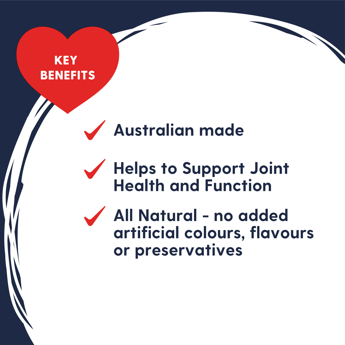 Love'em Joint Care key benefits graphic: Australian made, supports joint health and function, all natural