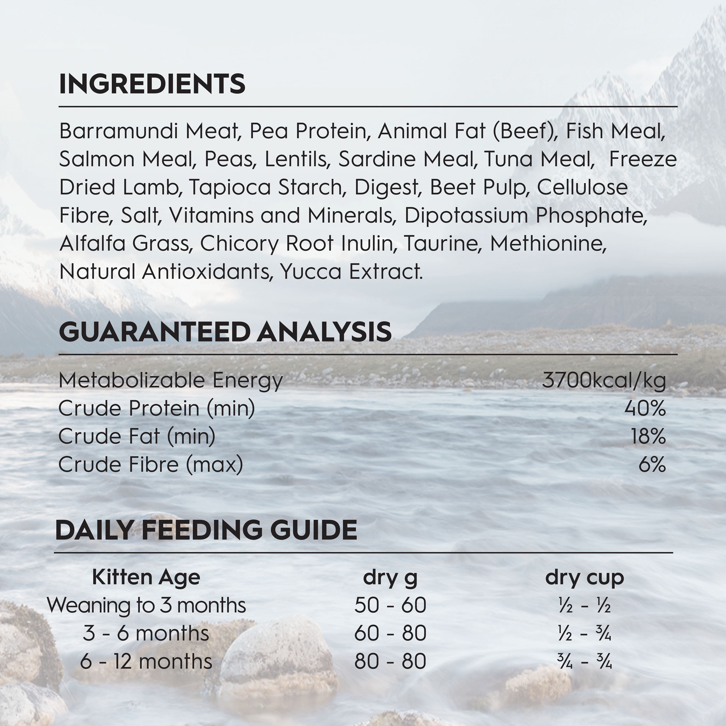 Trilogy Kitten Barramundi ingredients, guaranteed analysis and kitten feeding guide by age