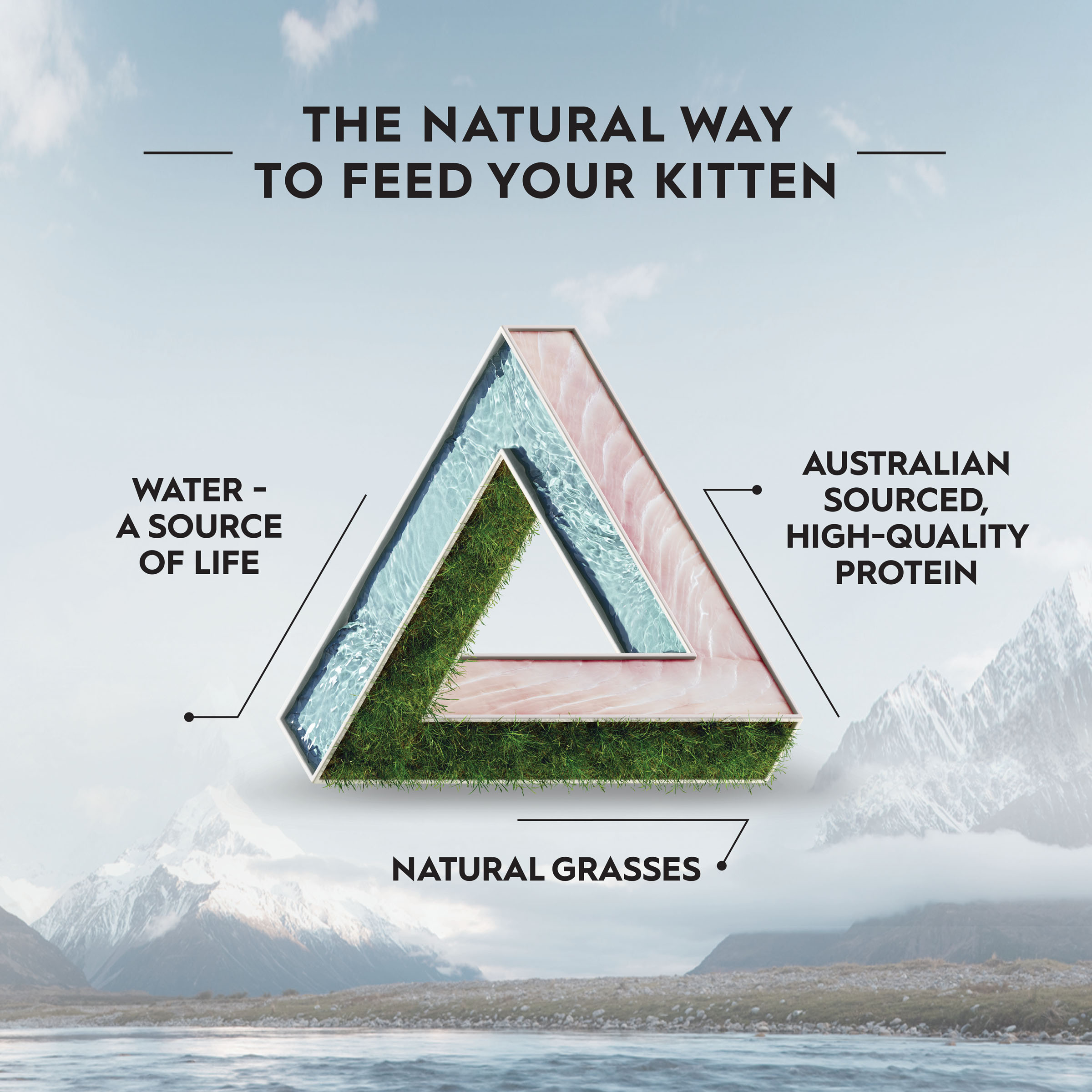 Trilogy the natural way to feed your kitten triangle diagram: water, grasses and Australian protein