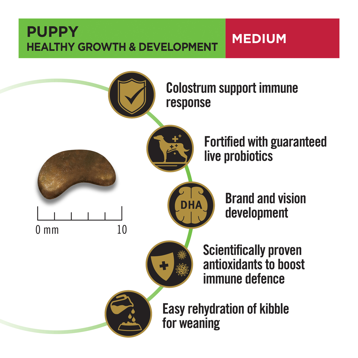 PRO PLAN Puppy Medium growth panel: kibble size, colostrum, live probiotics, DHA and antioxidants