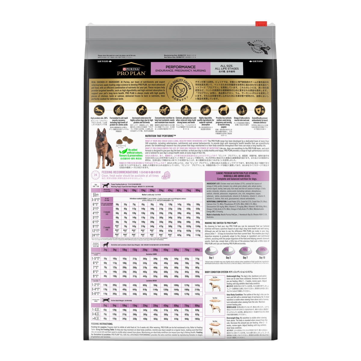 PRO PLAN Adult Performance bag back, with the feeding tables and ingredients