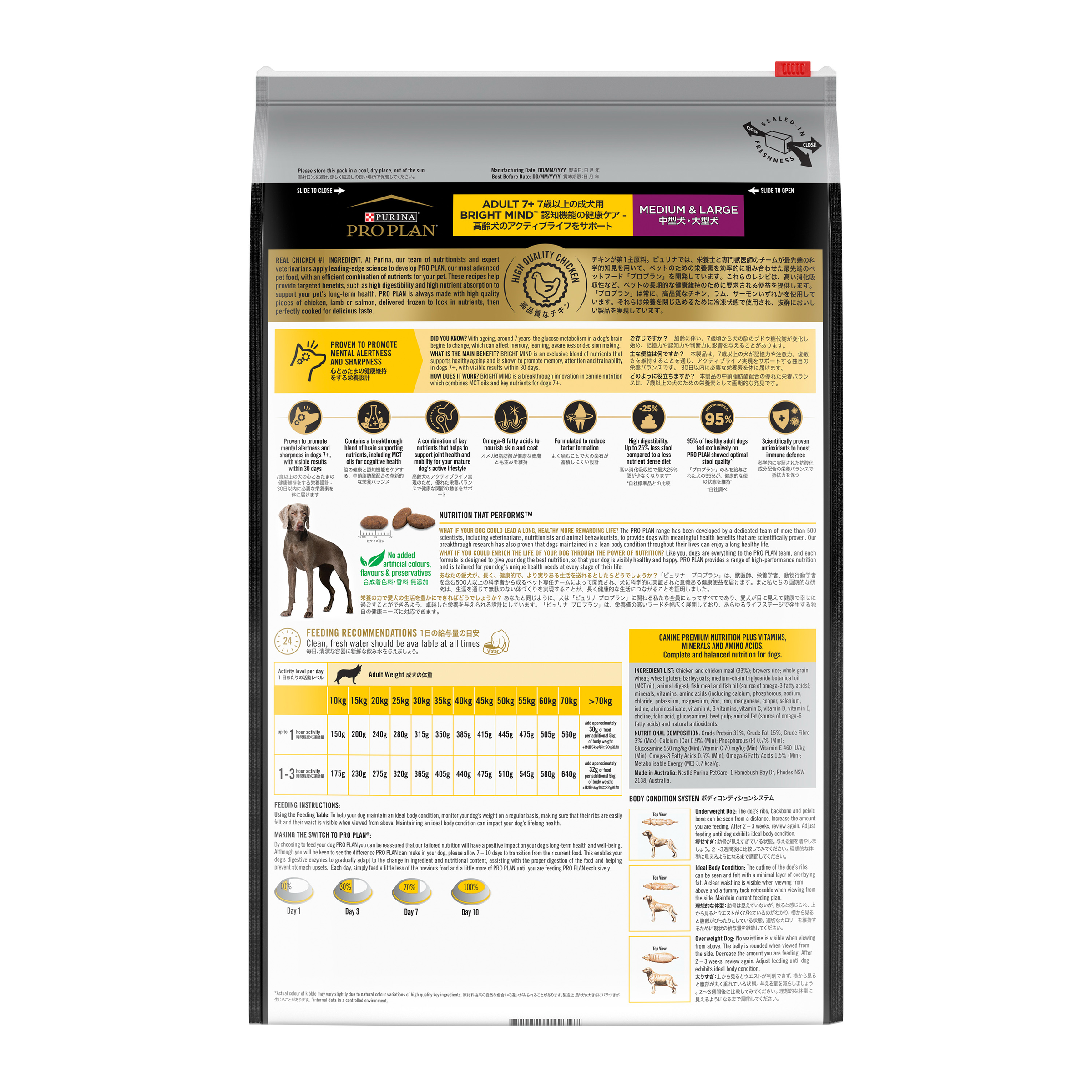 PRO PLAN Adult 7+ Bright Mind bag back, with the feeding tables and ingredients