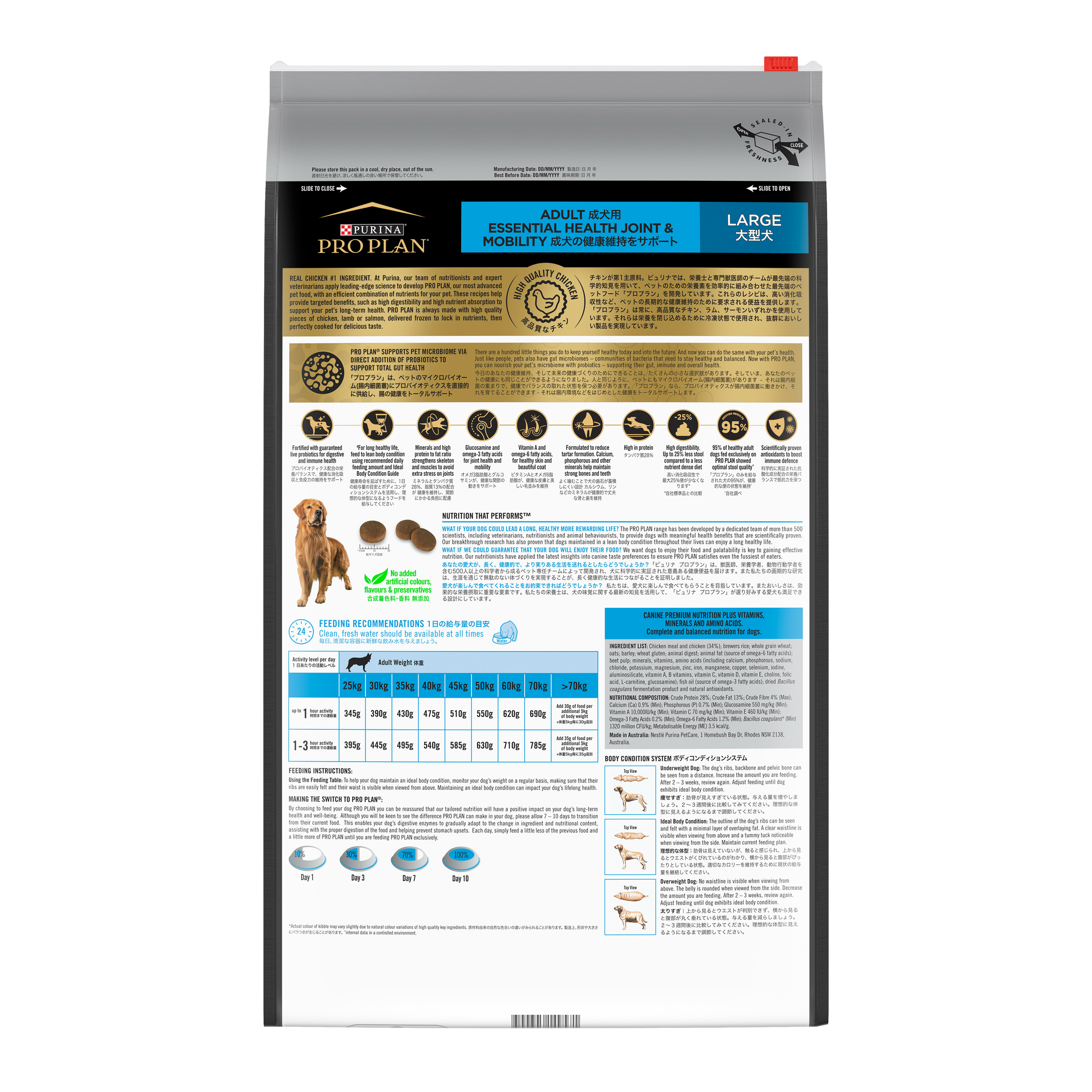 PRO PLAN Adult Large Breed bag back, with the feeding tables and ingredients