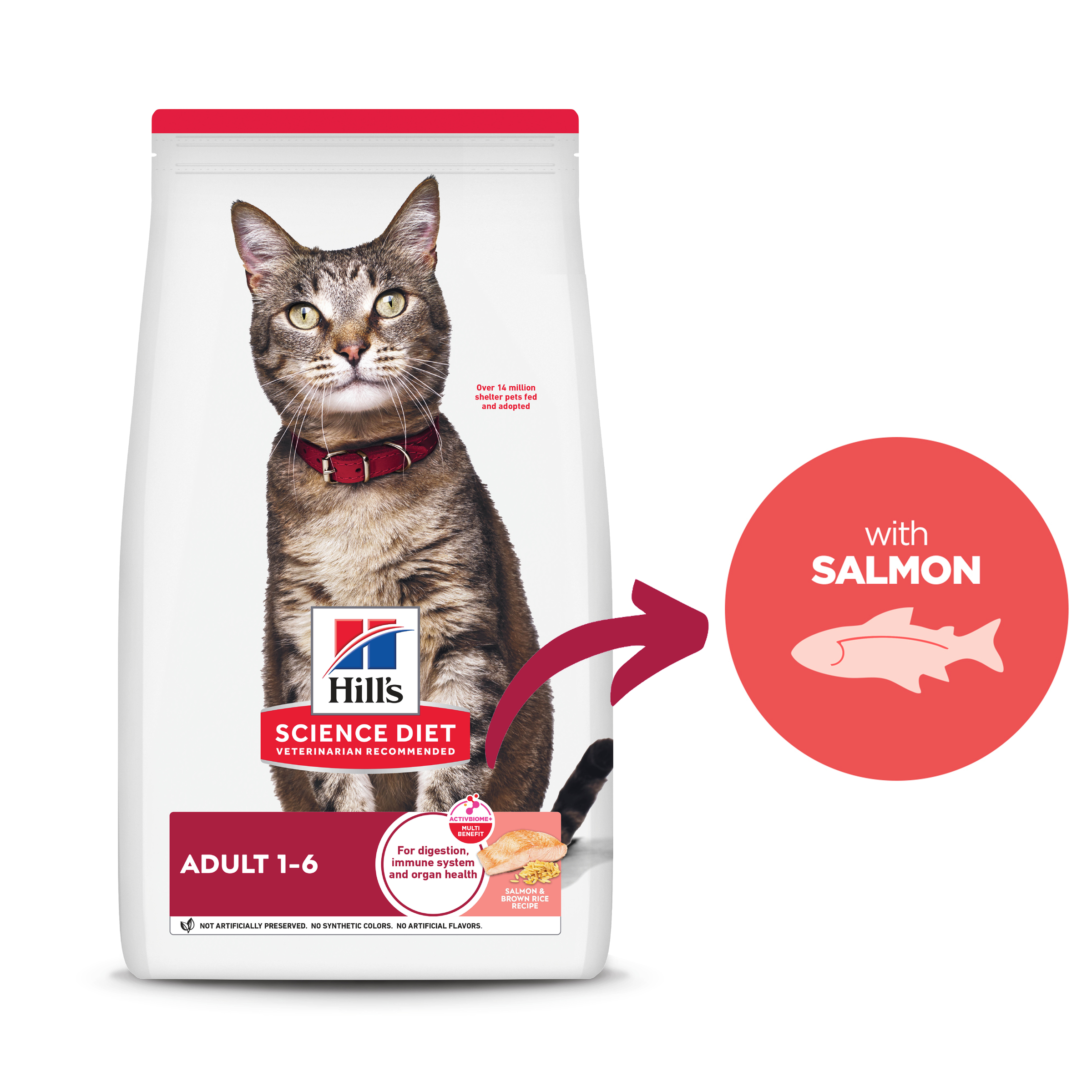 Hill's Science Diet Adult dry cat food bag with a with salmon callout