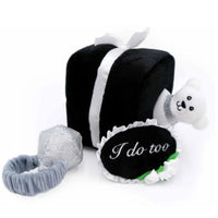 Zippy Paws Interactive Burrow dog toy: a wedding ring box with three squeaky toys