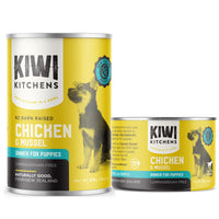 Kiwi Kitchens Chicken & Mussel Dinner For Puppies, the tall 375 g can beside the shorter 170 g can.