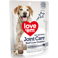 Love'em All Natural Joint Care Beef Liver Cookies 250g pack shown front-on with a tan dog