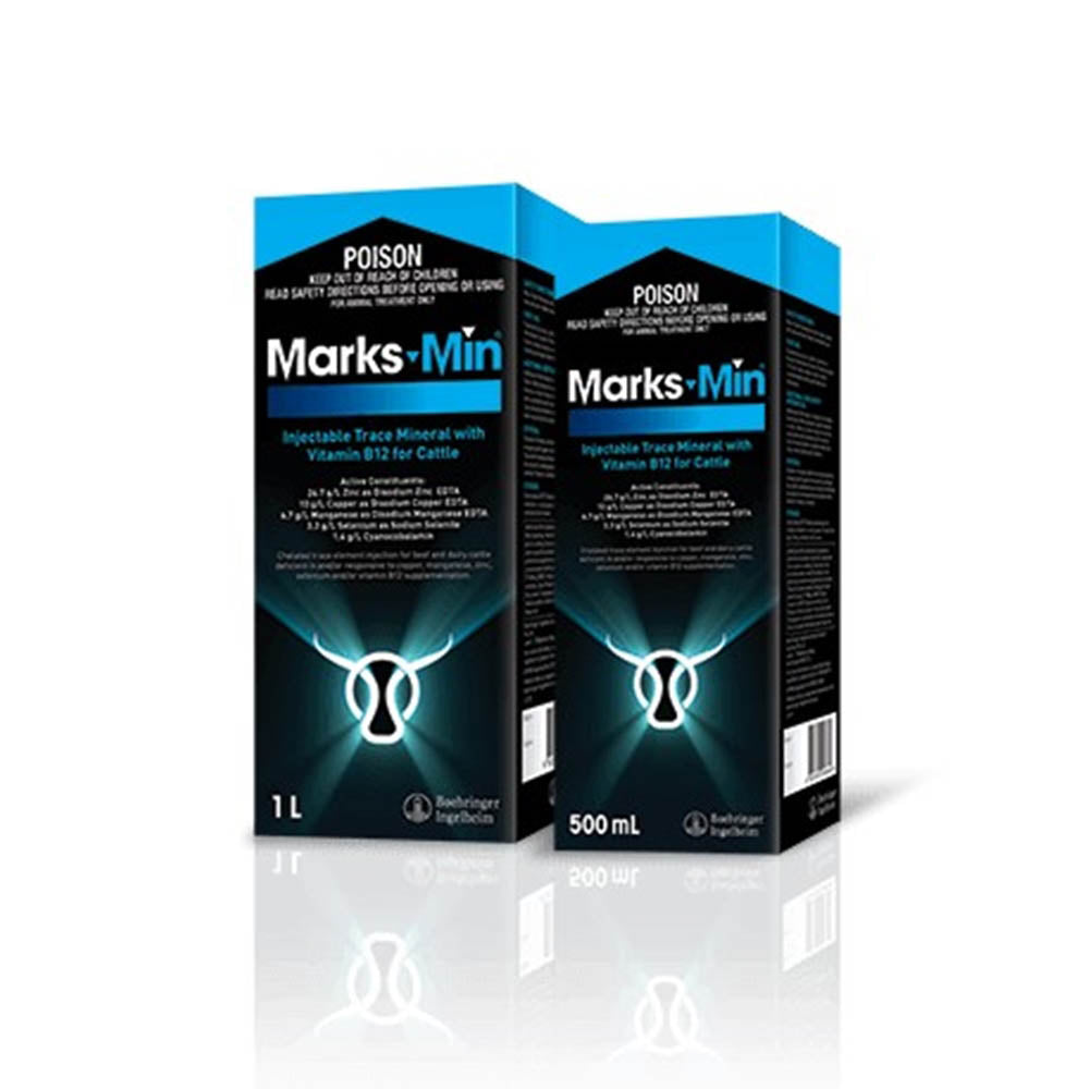 Marks-Min Injectable Trace Mineral with B12 for Cattle 500 mL bottle, front label