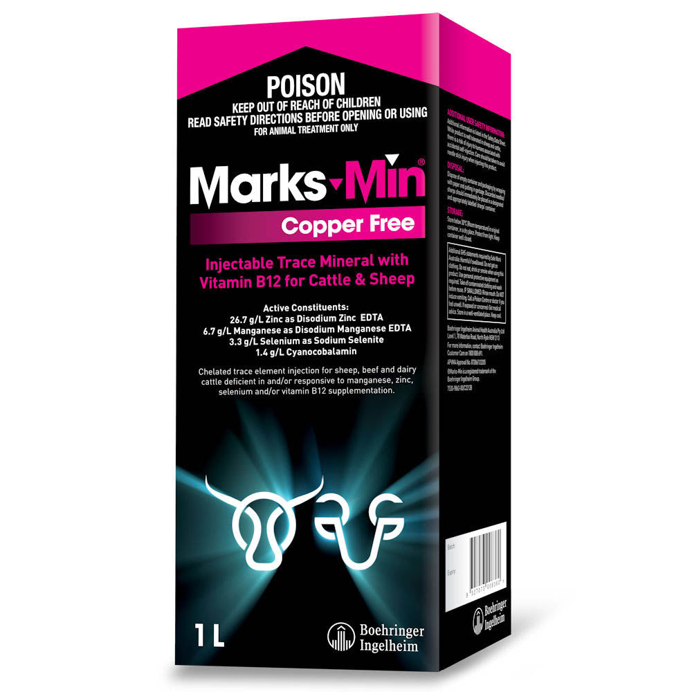 Marks-Min Copper Free Injectable Trace Mineral with B12 1 L bottle, front label