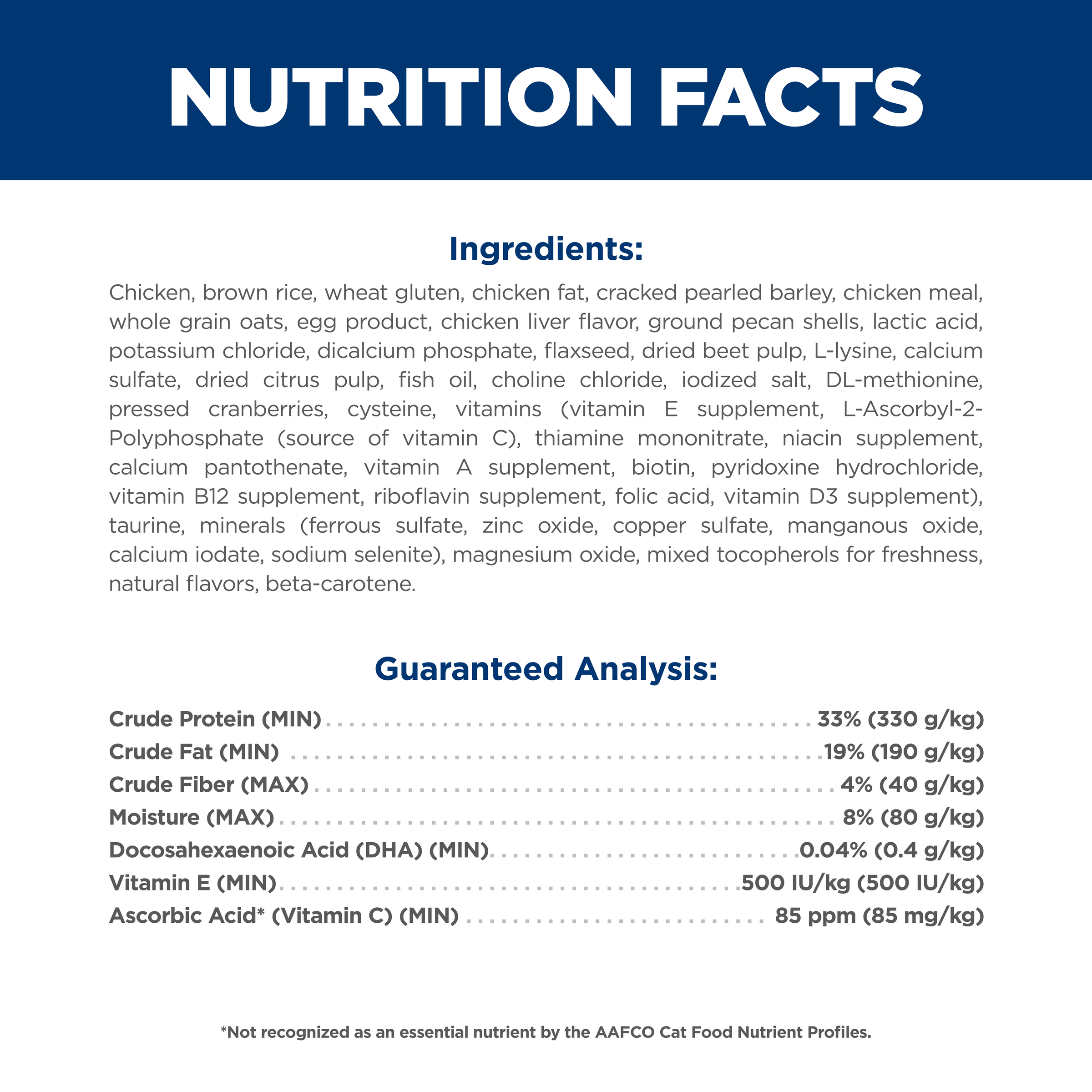 Ingredients and guaranteed analysis panel for Hill's Science Diet Kitten dry cat food