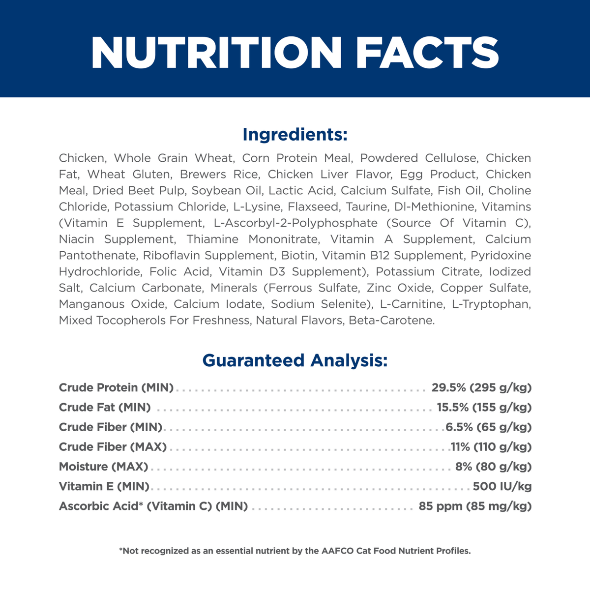 Ingredients and guaranteed analysis panel for Hill's Adult Urinary Hairball Control dry cat food