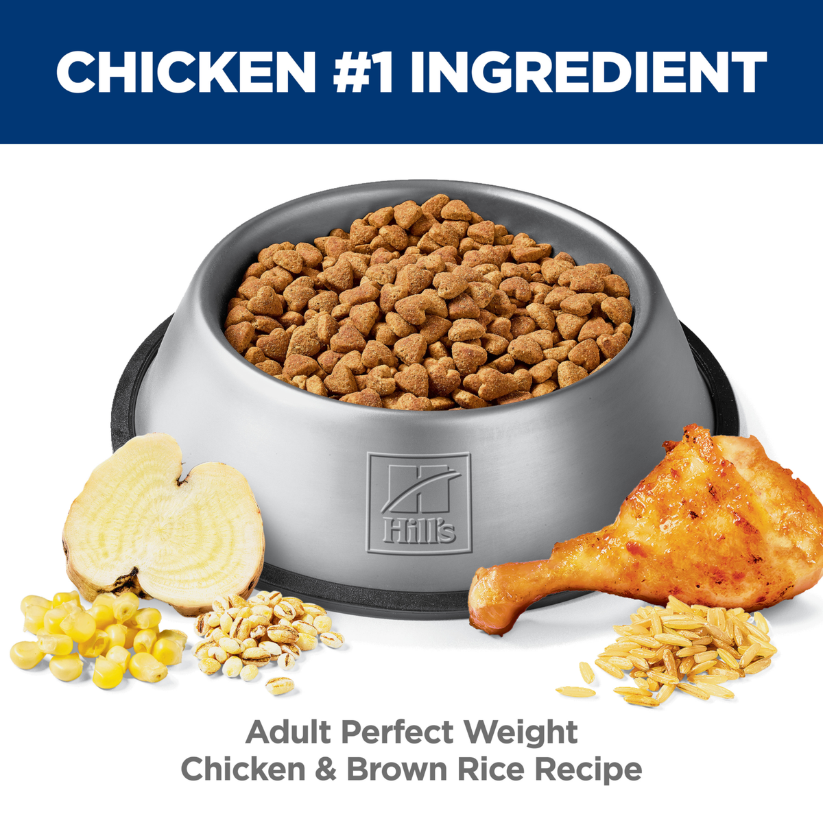 Chicken is the number one ingredient: bowl of Hill's Adult Perfect Weight chicken and brown rice kibble