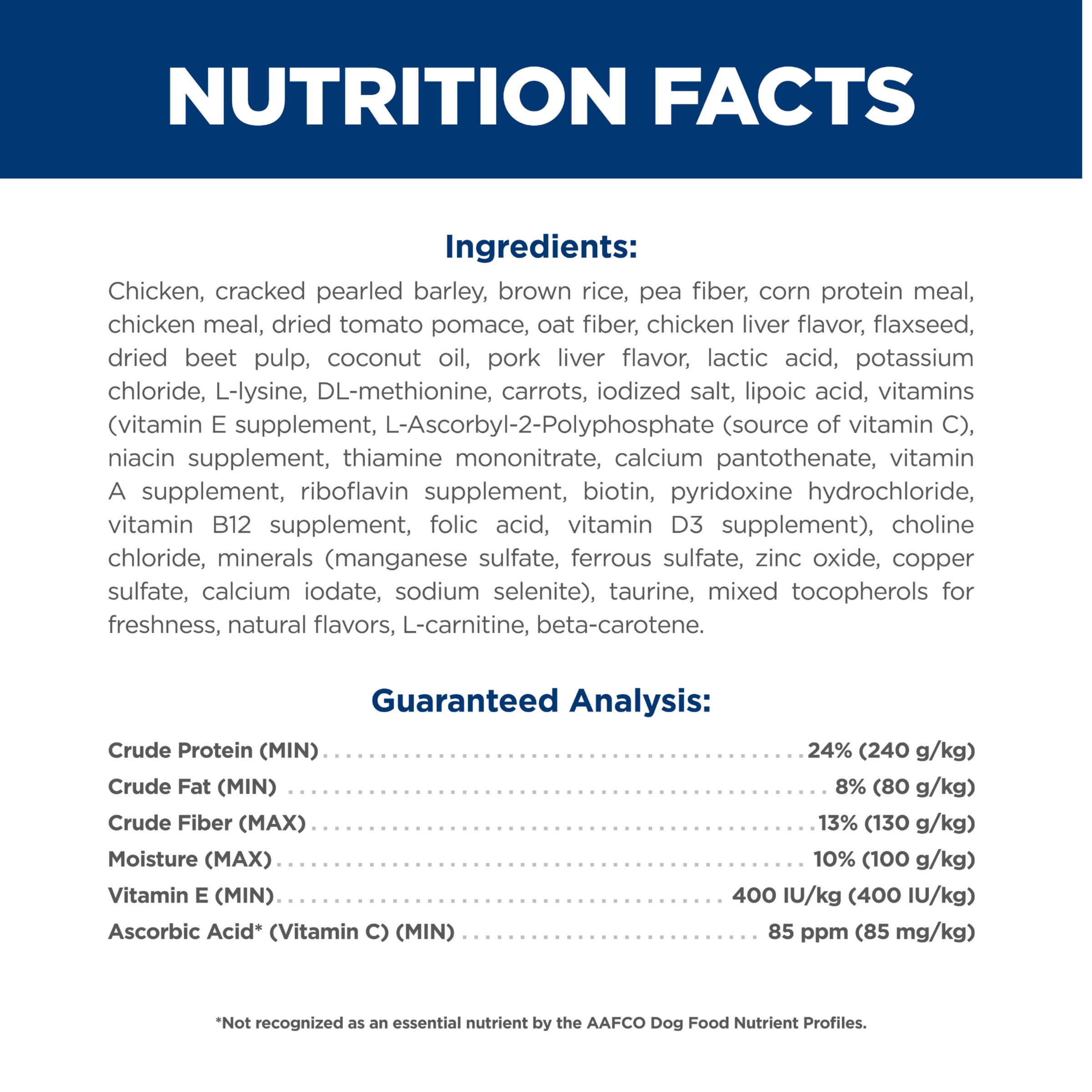Ingredients and guaranteed analysis panel for Hill's Science Diet Adult Perfect Weight dry dog food