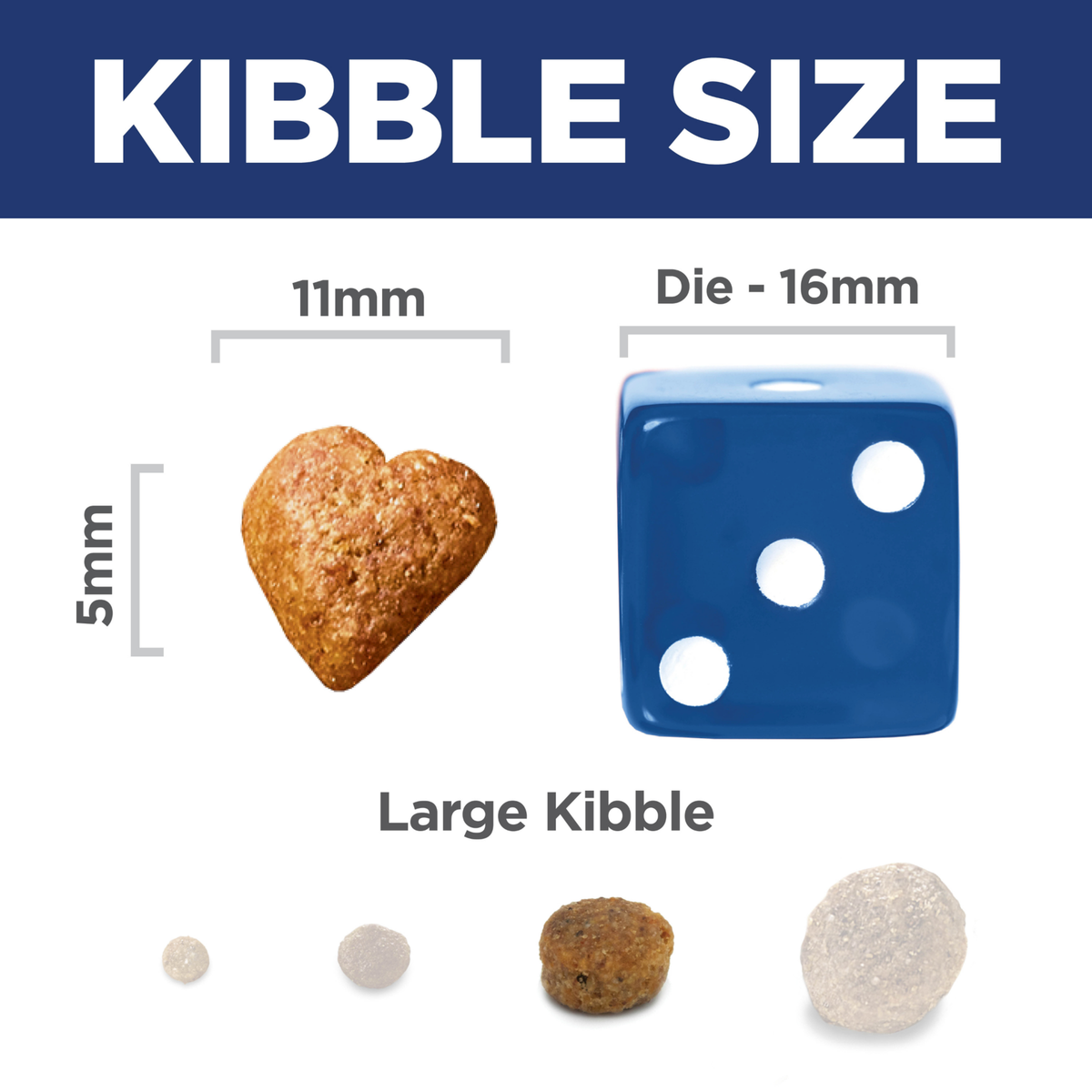 Kibble size comparison: 11mm by 5mm Hill's Adult Perfect Weight dog kibble beside a 16mm dice