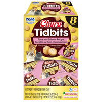 Inaba Churu Tidbits Tuna and Salmon Recipe cat treats, front of the 8-pack pouch