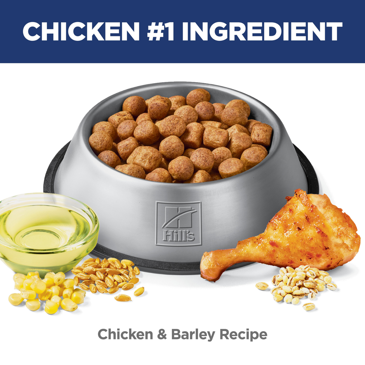 Chicken is the number one ingredient: bowl of Hill's Oral Care Small & Mini chicken and barley kibble
