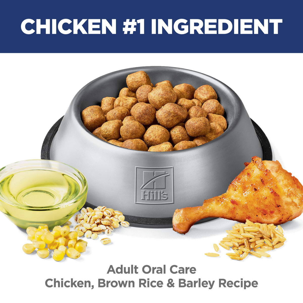 Chicken is the number one ingredient: bowl of Hill's Adult Oral Care chicken and barley dog kibble