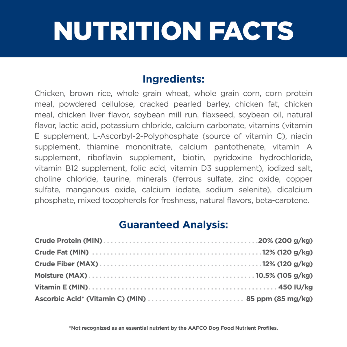 Ingredients and guaranteed analysis panel for Hill's Science Diet Adult Oral Care dry dog food