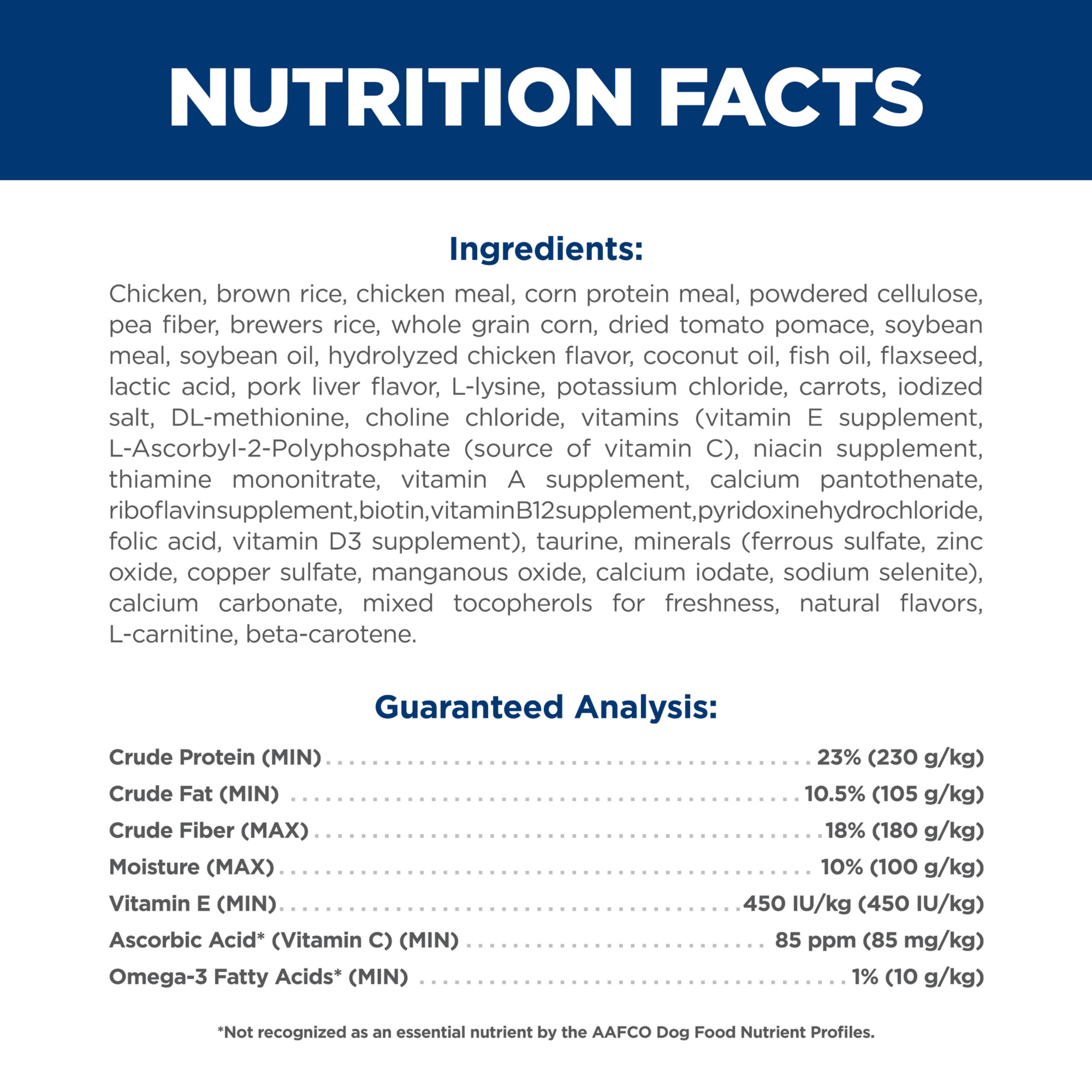 Ingredients and guaranteed analysis panel for Hill's Adult Perfect Weight and Joint Support dog food