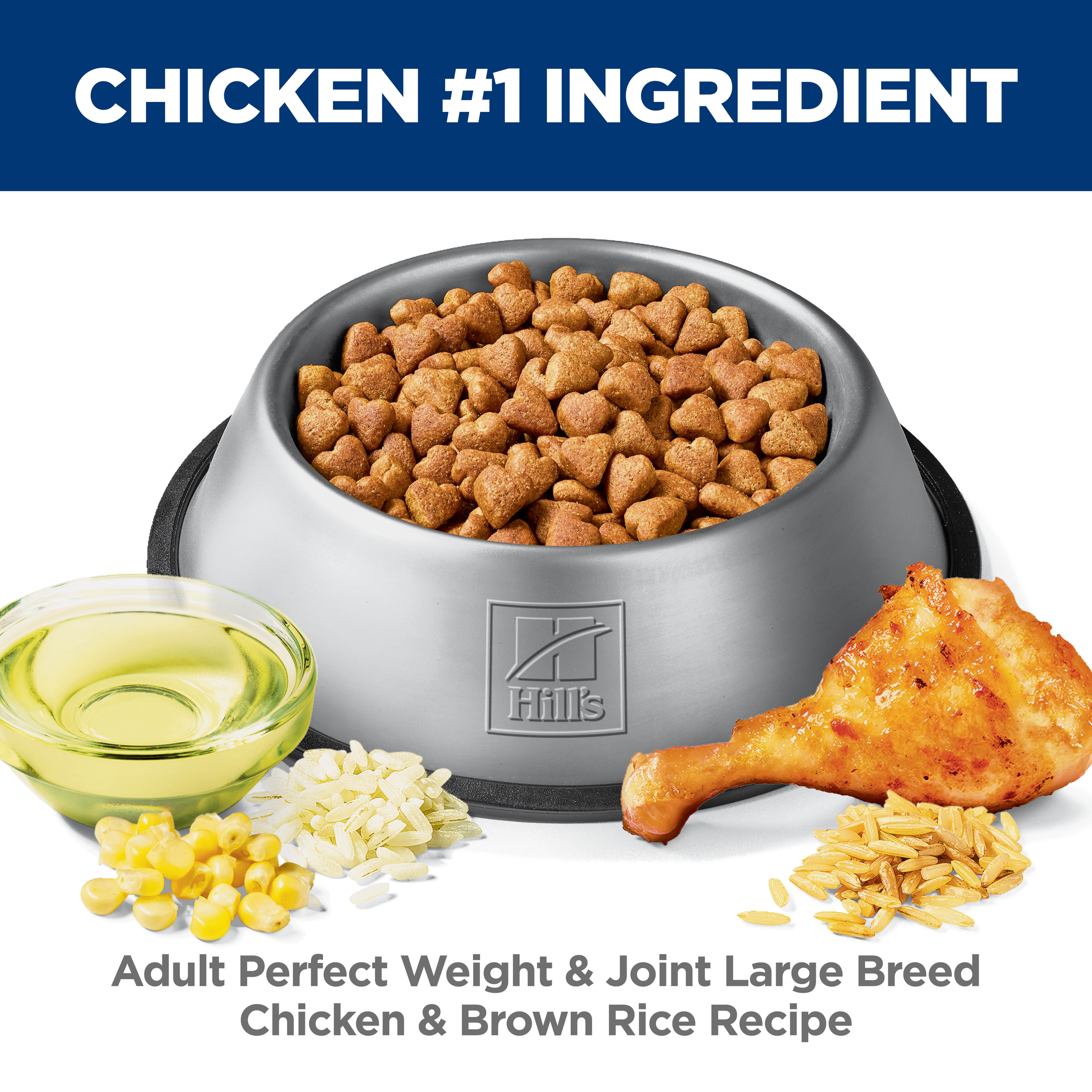 Chicken is the number one ingredient: bowl of Hill's Perfect Weight and Joint Large Breed kibble