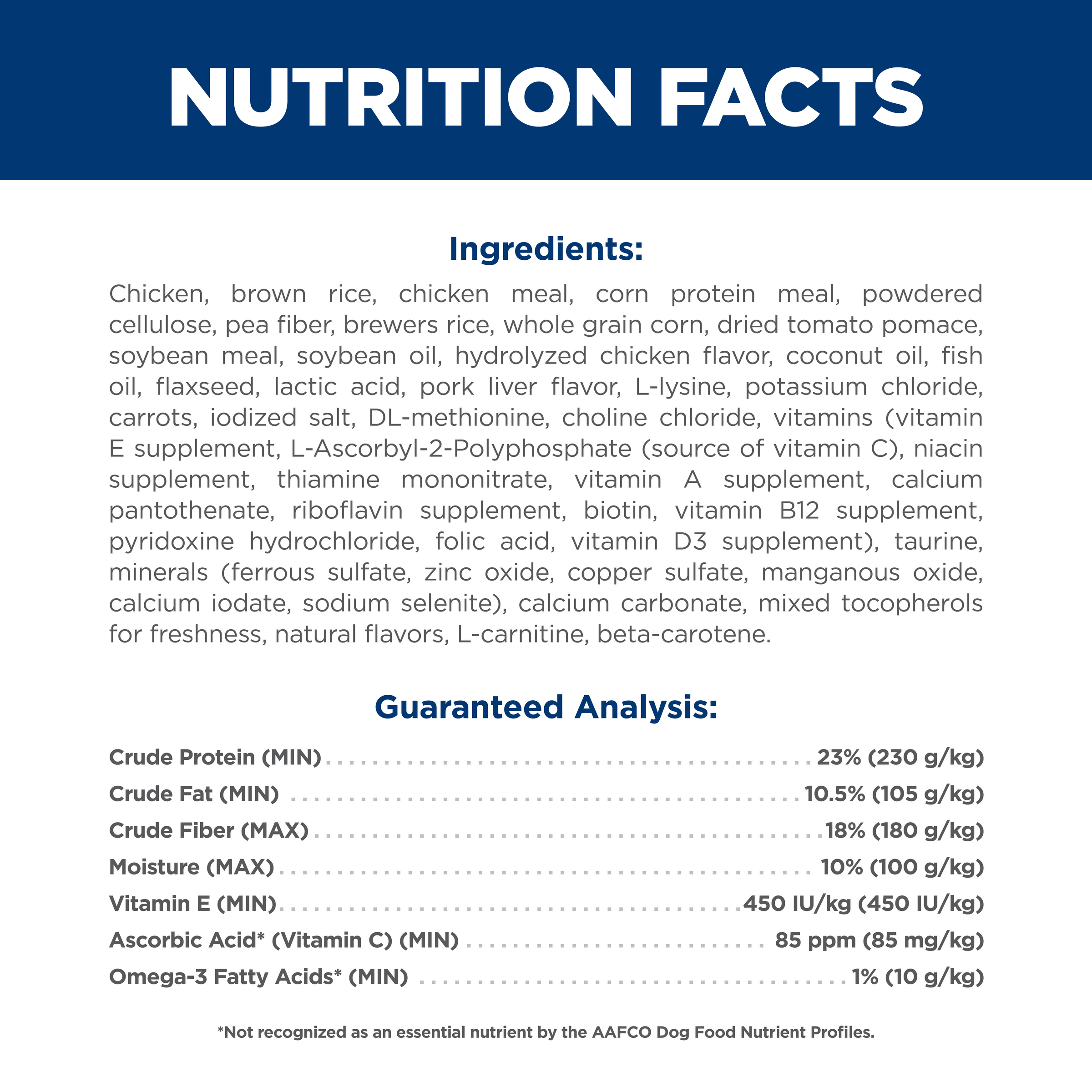 Ingredients and guaranteed analysis for Hill's Perfect Weight and Joint Support Large Breed dog food