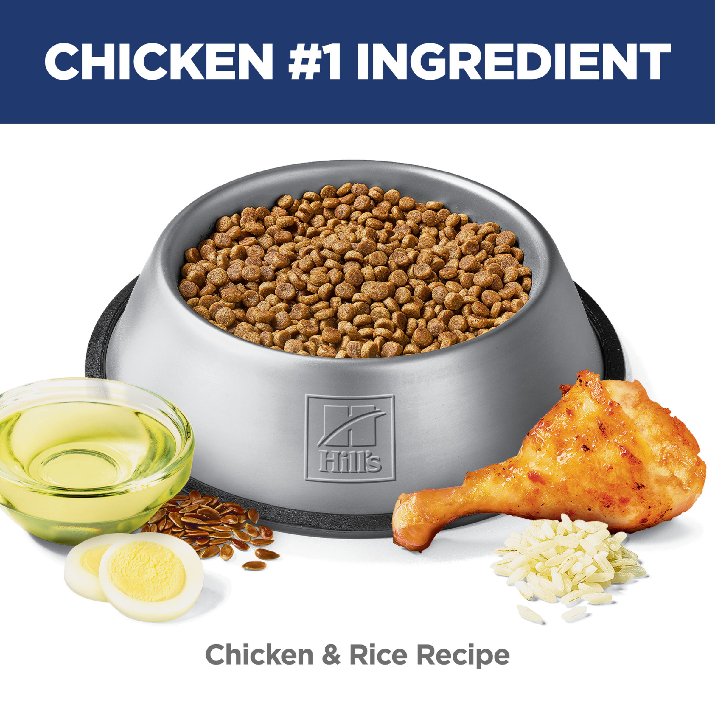 Chicken is the number one ingredient: bowl of Hill's Senior Vitality chicken and rice dog kibble
