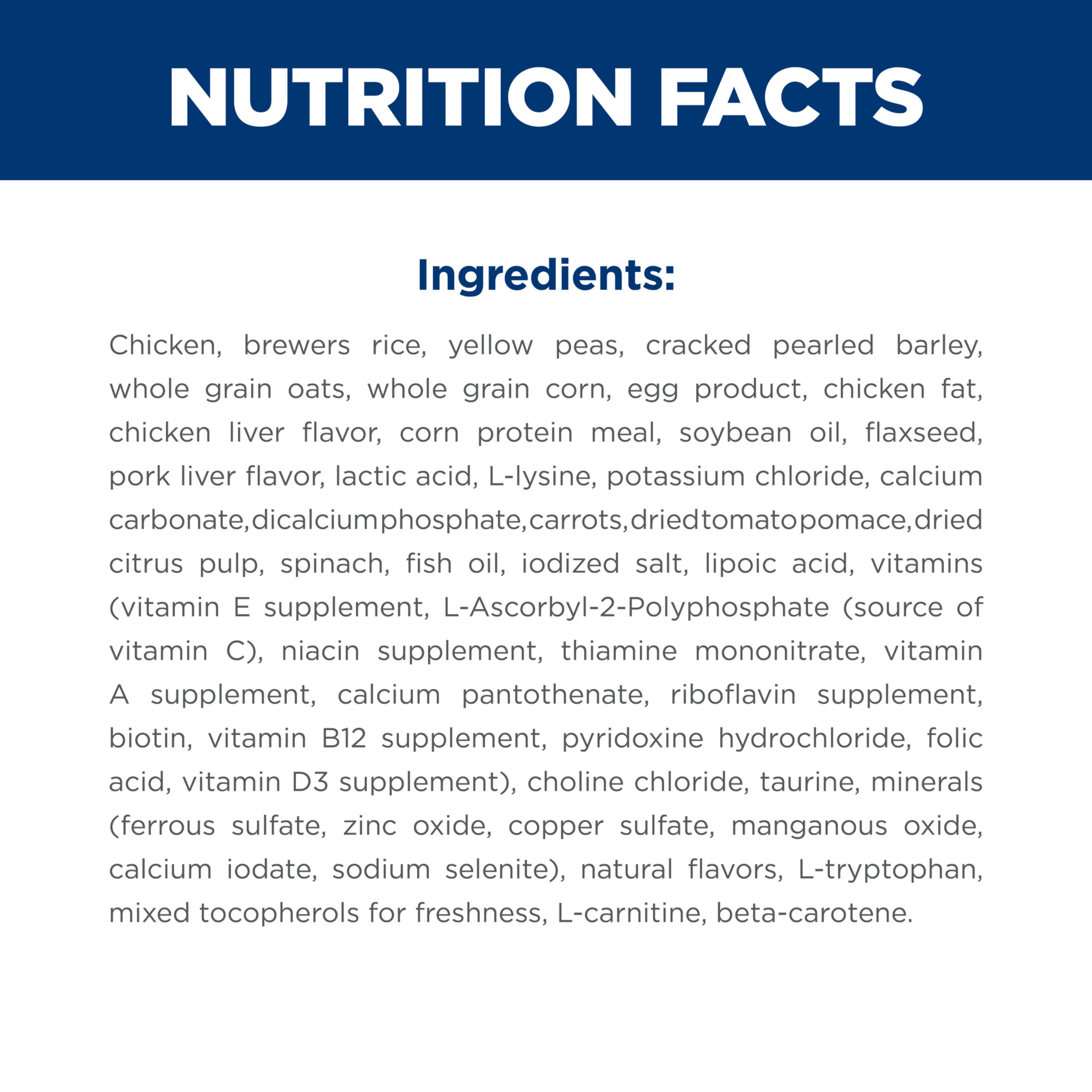 Ingredients panel for Hill's Adult 7+ Small & Mini Senior Vitality dry dog food