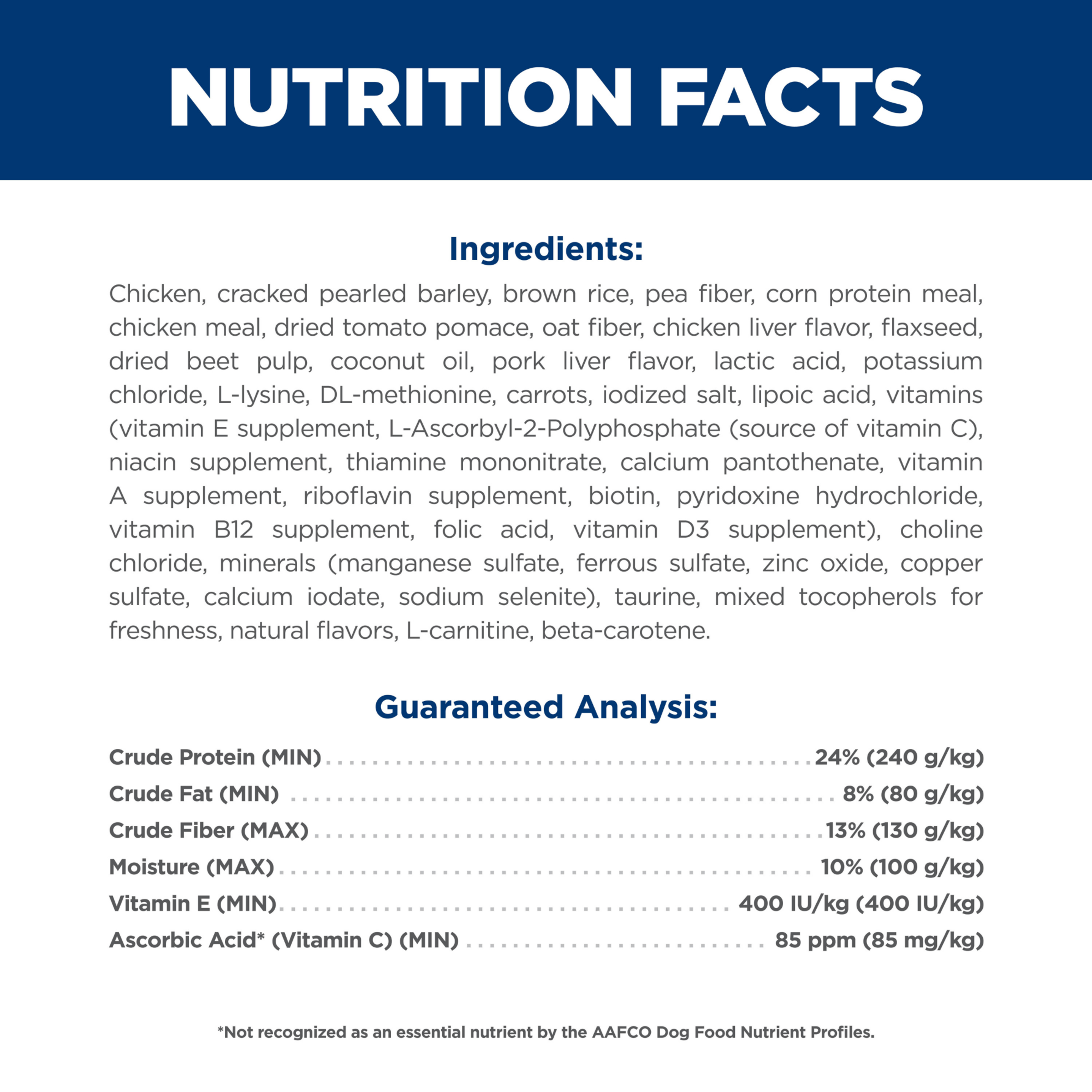 Ingredients and guaranteed analysis panel for Hill's Perfect Weight Small Bites dry dog food