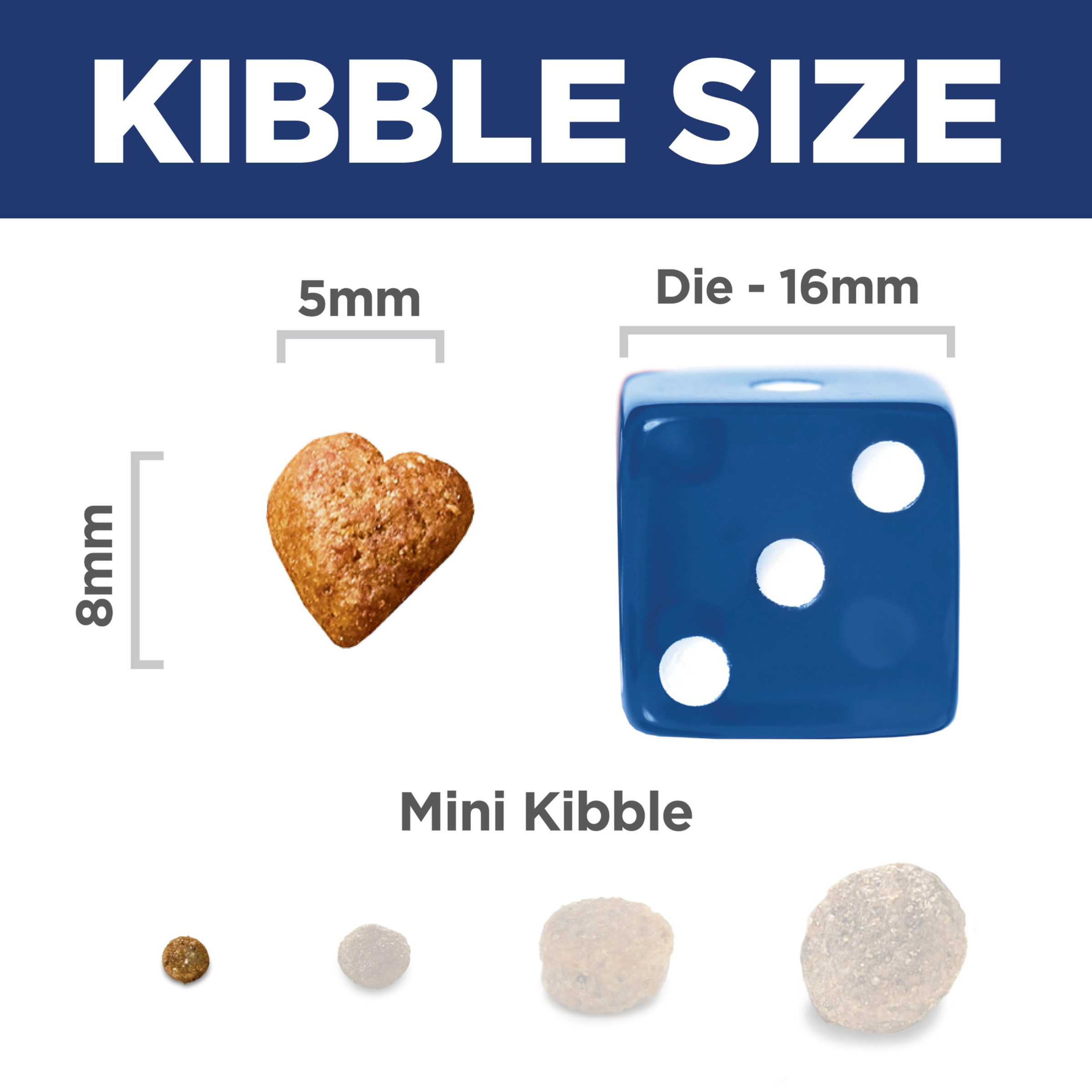 Kibble size comparison: 5mm by 8mm Hill's Perfect Weight Small Bites kibble beside a 16mm dice