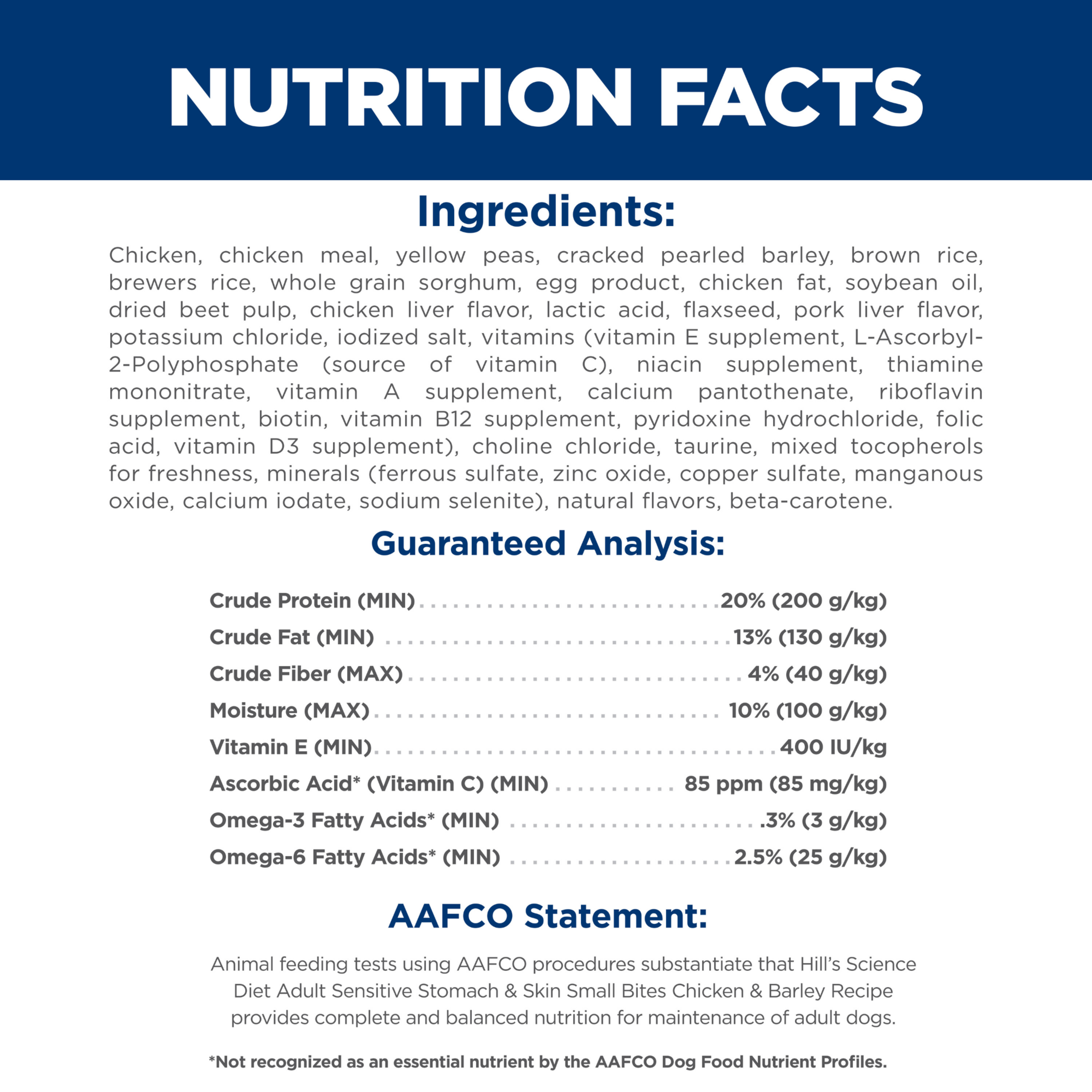 Ingredients and guaranteed analysis for Hill's Sensitive Stomach and Skin Small Bites dog food