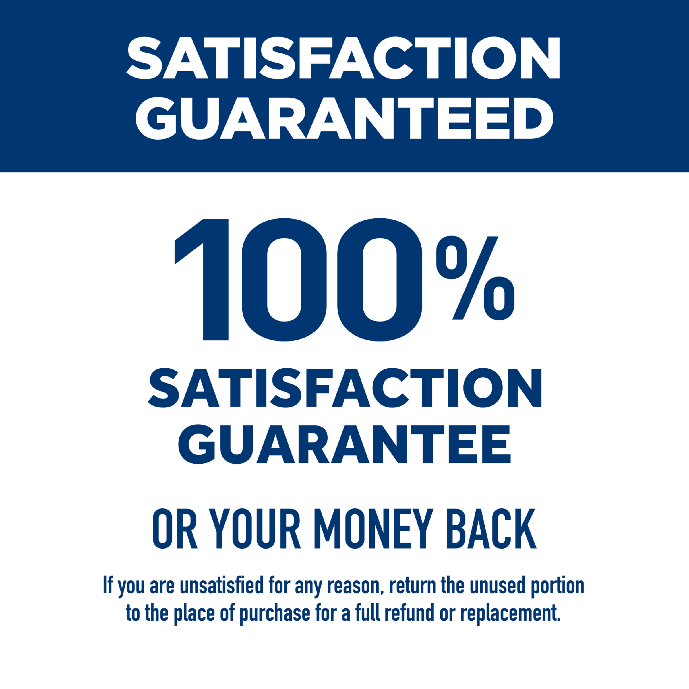 Hill's 100% satisfaction promise graphic: unused portion refunded or replaced