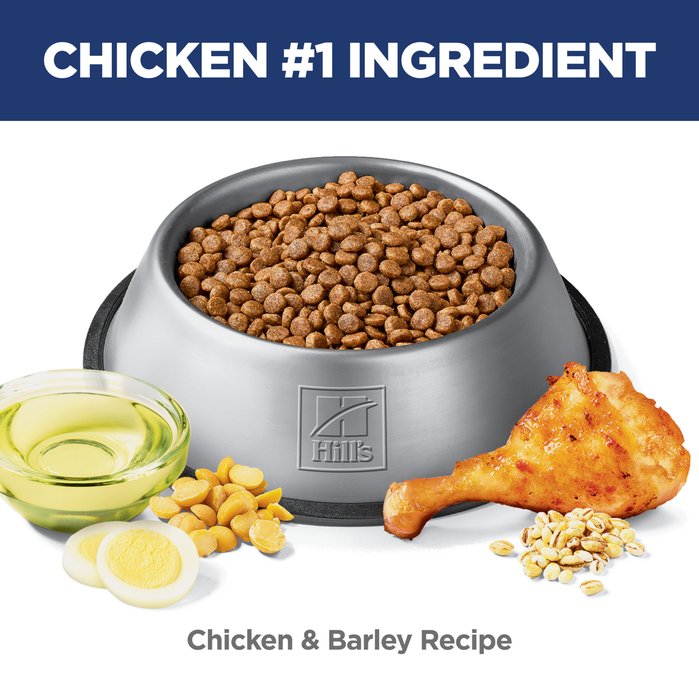 Chicken is the number one ingredient: bowl of Hill's Sensitive Stomach and Skin chicken and barley kibble